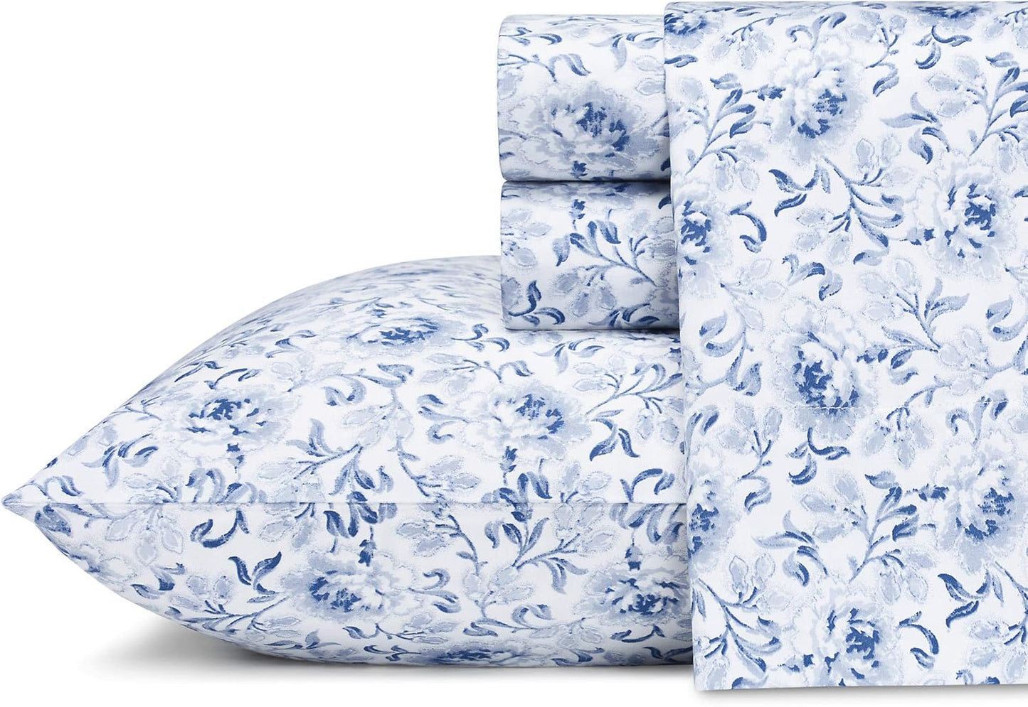 Laura Ashley - Queen Bed Sheets, Smooth & Silky Sateen Cotton Bedding with Matching Pillowcases, Deep Pocket, Oeko-Tex Certified (Ramona Blue)