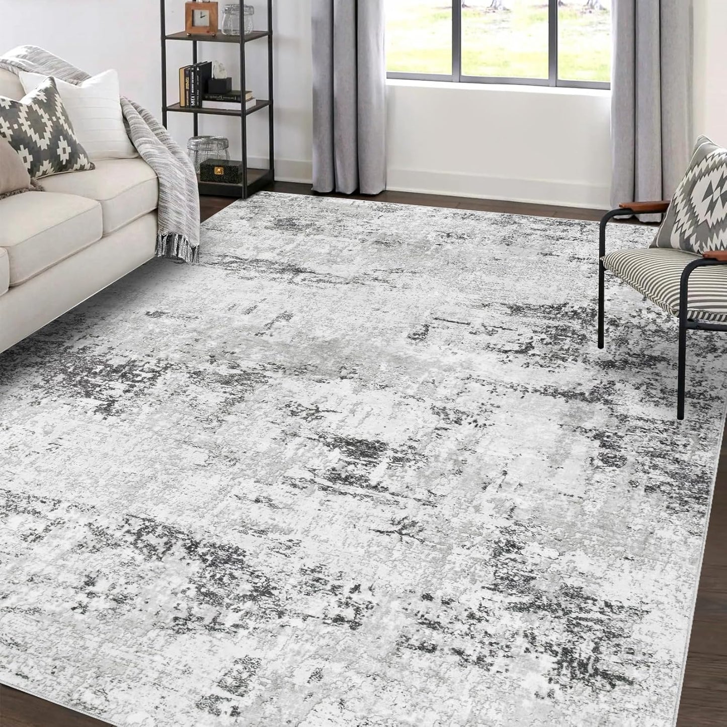 Area Rug Living Room Rugs: 5x7 Large Soft Indoor Carpet Modern Abstract Rug with Non Slip Rubber Backing for Under Dining Table Nursery Home Office Bedroom White Gray Blue