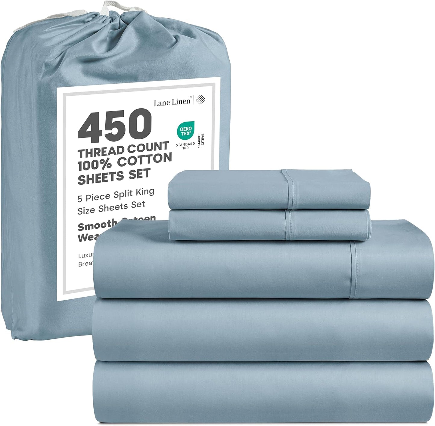 LANE LINEN 100% Cotton Sheets – 450 Thread Count Naturally Cooling Twin Sheets Set, Soft & Comfy Sateen Weave, Deep Pocket Fits 15” Mattress, Fade-Resistant Hotel Bedding, White