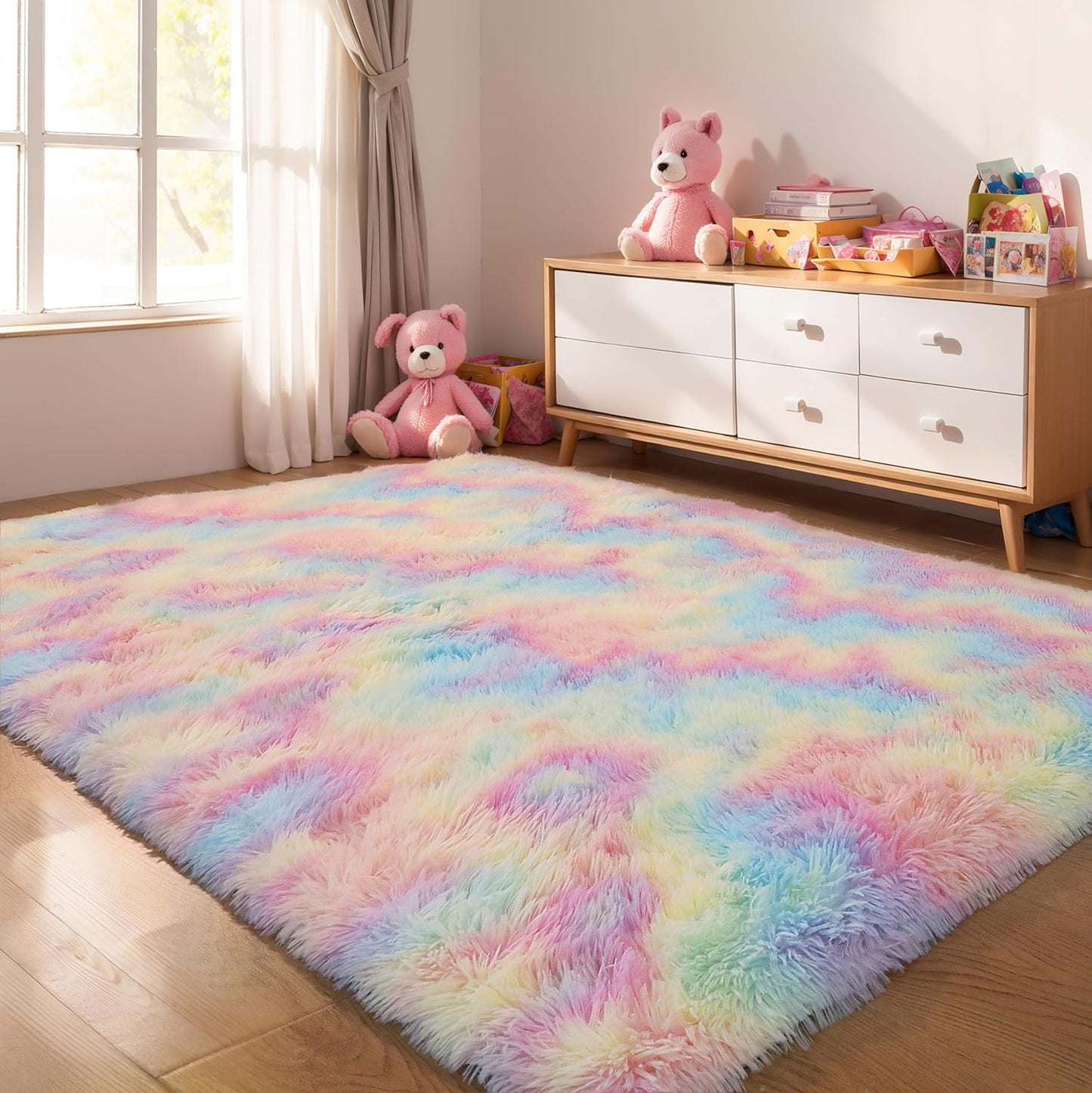 4x6 Light Grey Fluffy Shag Area Rug for Bedroom, Ultra Soft Fuzzy Plush Washable Carpet for Living Room, Modern Cozy Non Skid Furry Shaggy Rug for Kids Baby Boys Nursery Dorm,Tie-Dye Gray