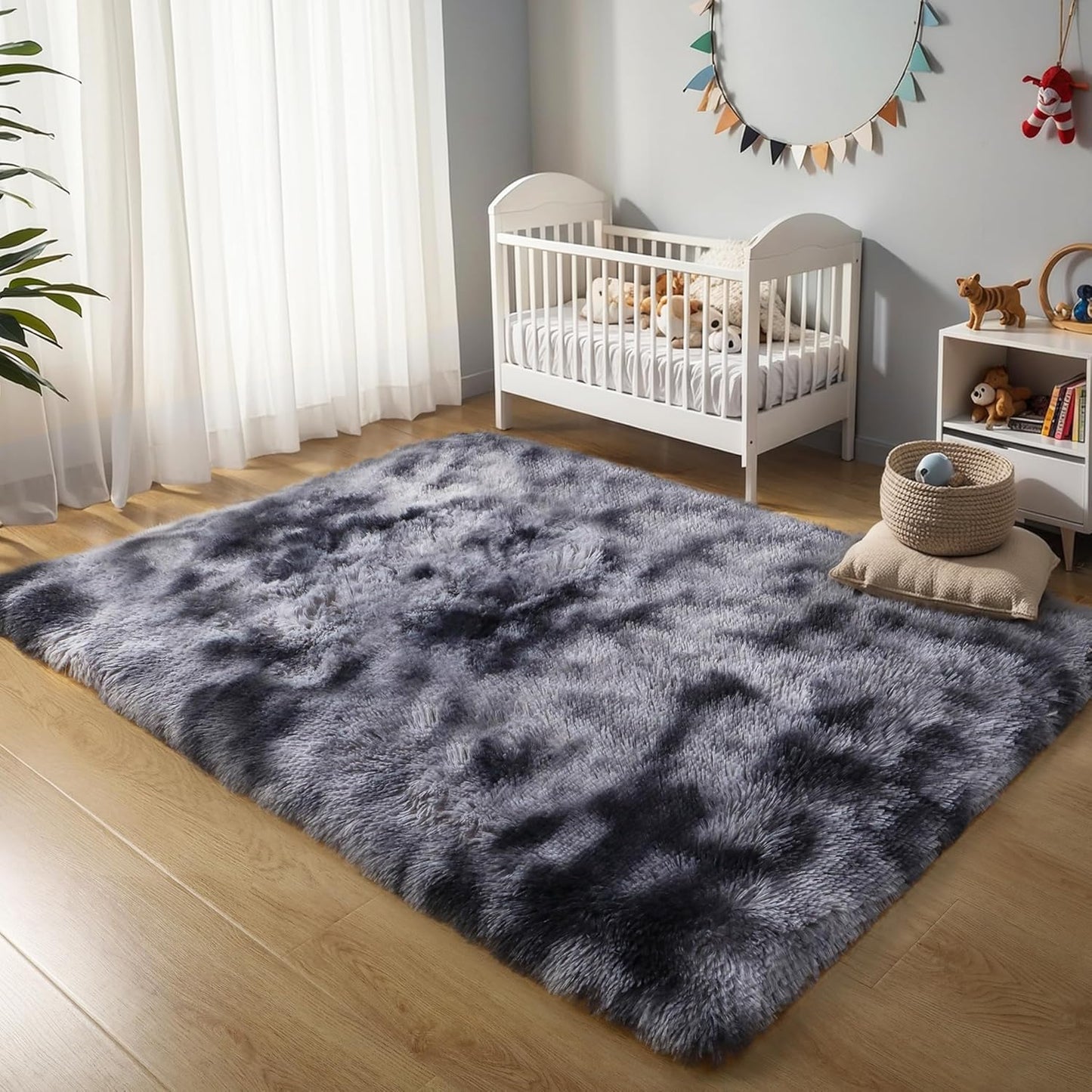 4x6 Light Grey Fluffy Shag Area Rug for Bedroom, Ultra Soft Fuzzy Plush Washable Carpet for Living Room, Modern Cozy Non Skid Furry Shaggy Rug for Kids Baby Boys Nursery Dorm,Tie-Dye Gray