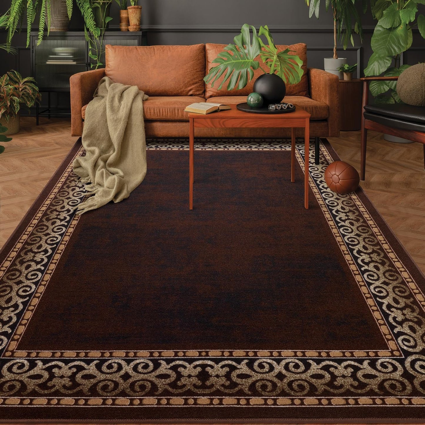 Antep Rugs Alfombras Bordered Modern 5x7 Non-Slip (Non-Skid) Low Pile Rubber Backing Indoor Area Rug (Maroon Red, 5' x 7')