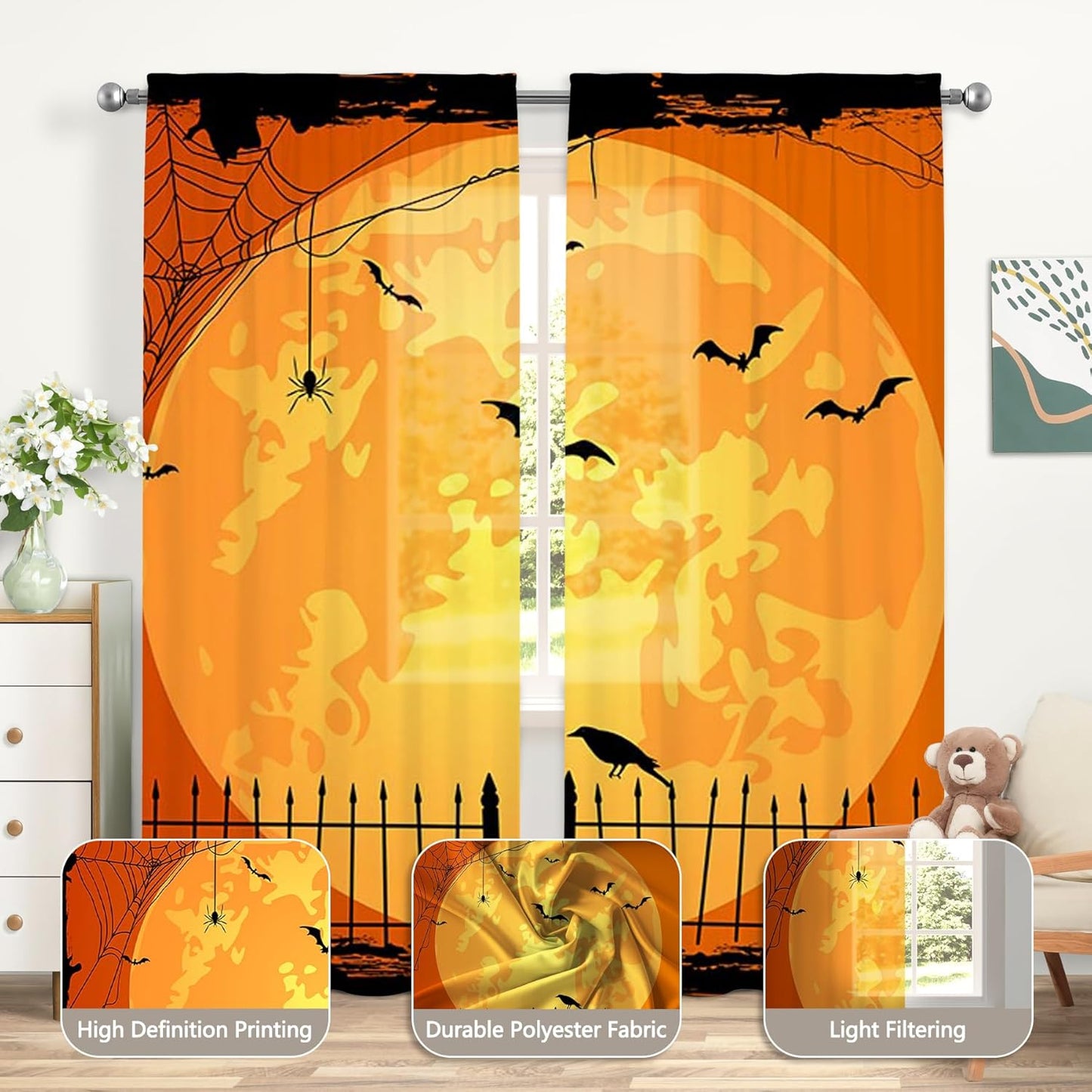 Orange Halloween Curtains for Living Room Large Pumpkin Patch Moon Picture Witch Rod Pocket Window Drapes for Bedroom and Home Decor 2 Panels Set 52x85.5 Inch