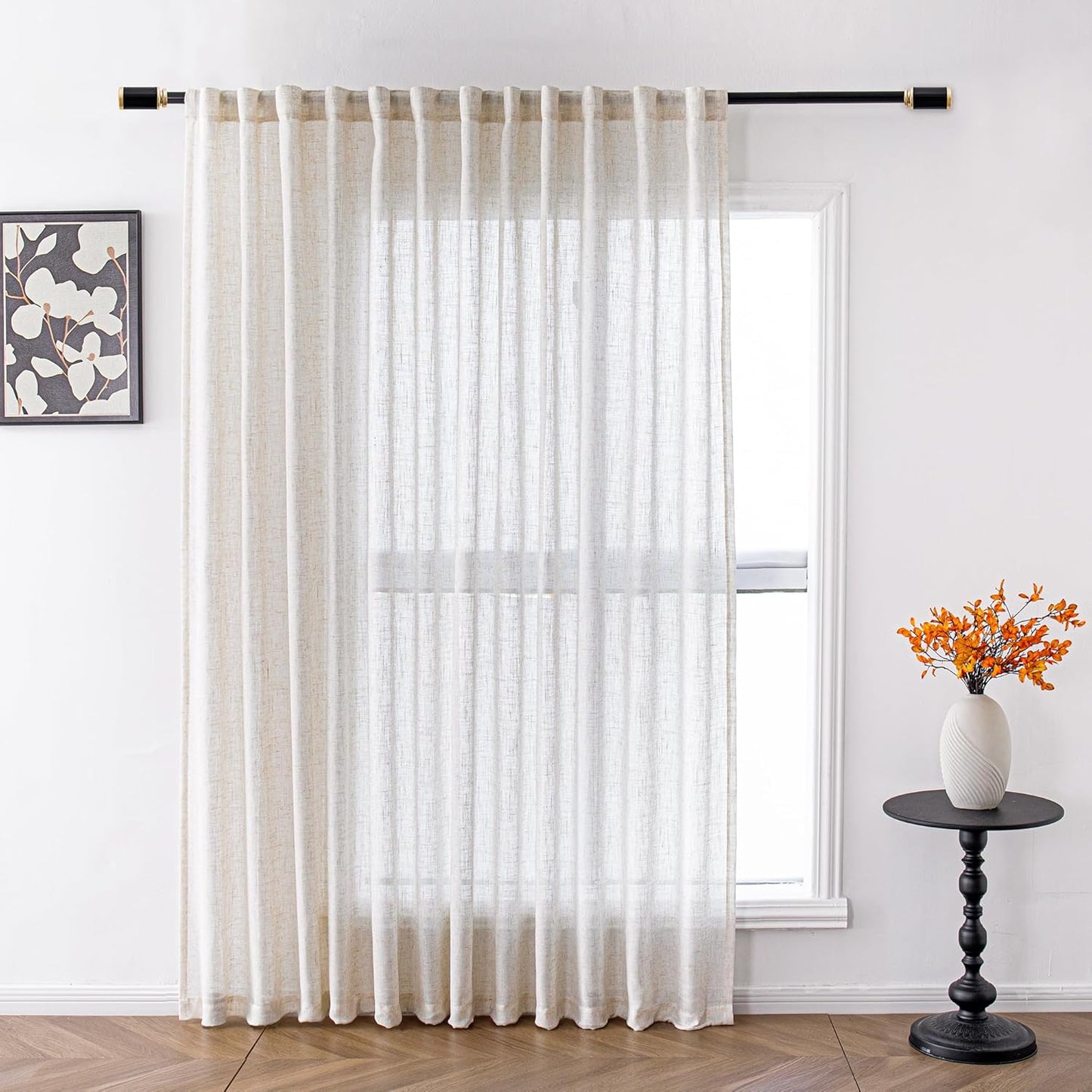 MYSKY HOME Linen Curtains for Living Room, Natural Semi Sheer Curtains & Drapes 84 inches Length 2 Panels Set Farmhouse Country Boho Style Back Tab Draperies for Sliding Glass Door, 50" Wide, Linen