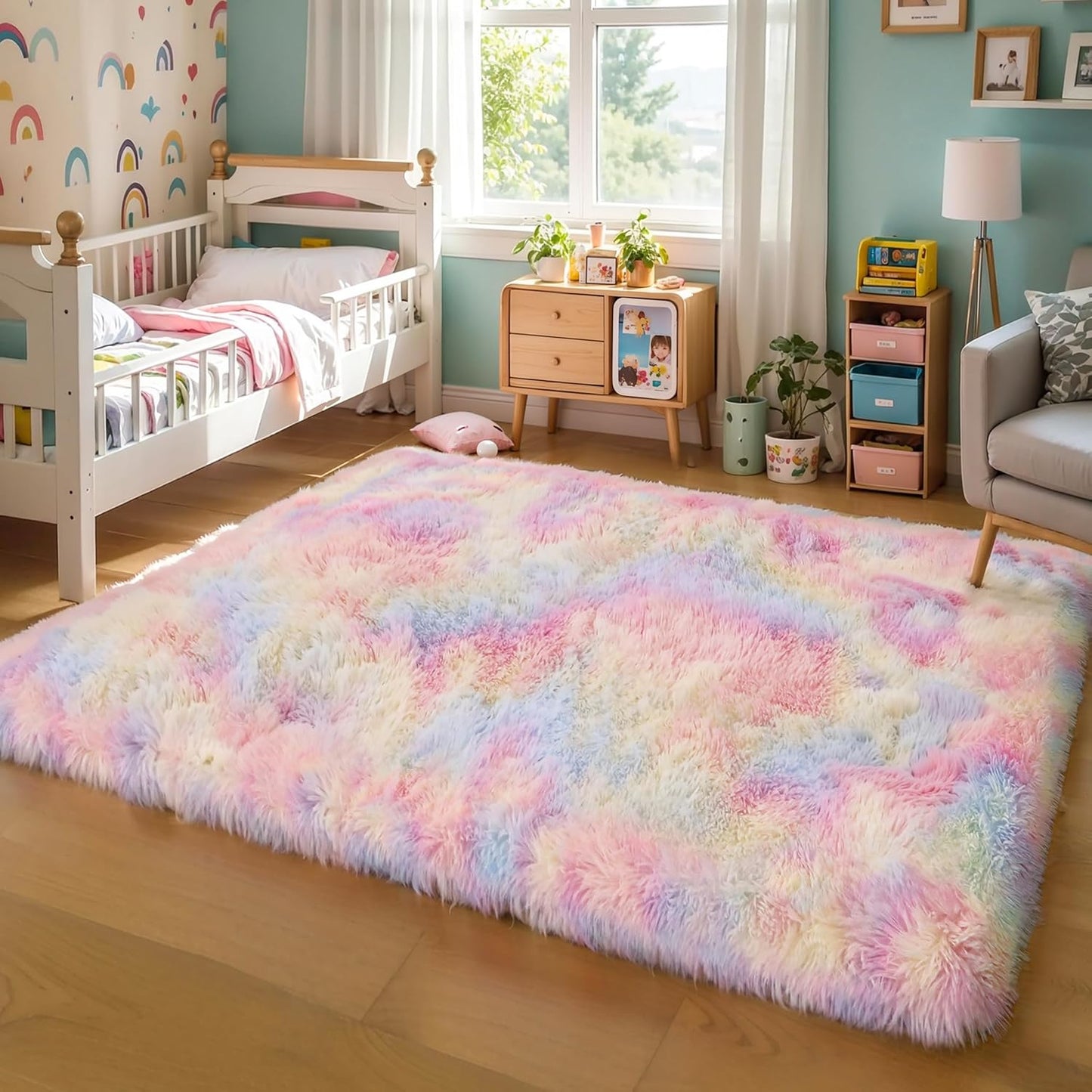 4x6 Light Grey Fluffy Shag Area Rug for Bedroom, Ultra Soft Fuzzy Plush Washable Carpet for Living Room, Modern Cozy Non Skid Furry Shaggy Rug for Kids Baby Boys Nursery Dorm,Tie-Dye Gray