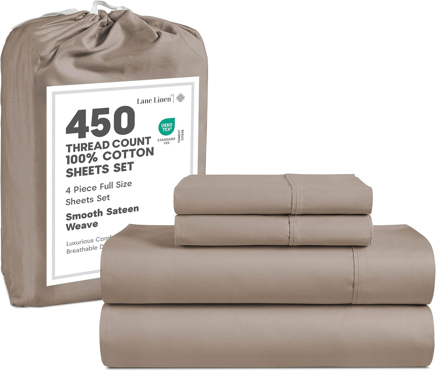 LANE LINEN 100% Cotton Sheets – 450 Thread Count Naturally Cooling Twin Sheets Set, Soft & Comfy Sateen Weave, Deep Pocket Fits 15” Mattress, Fade-Resistant Hotel Bedding, White