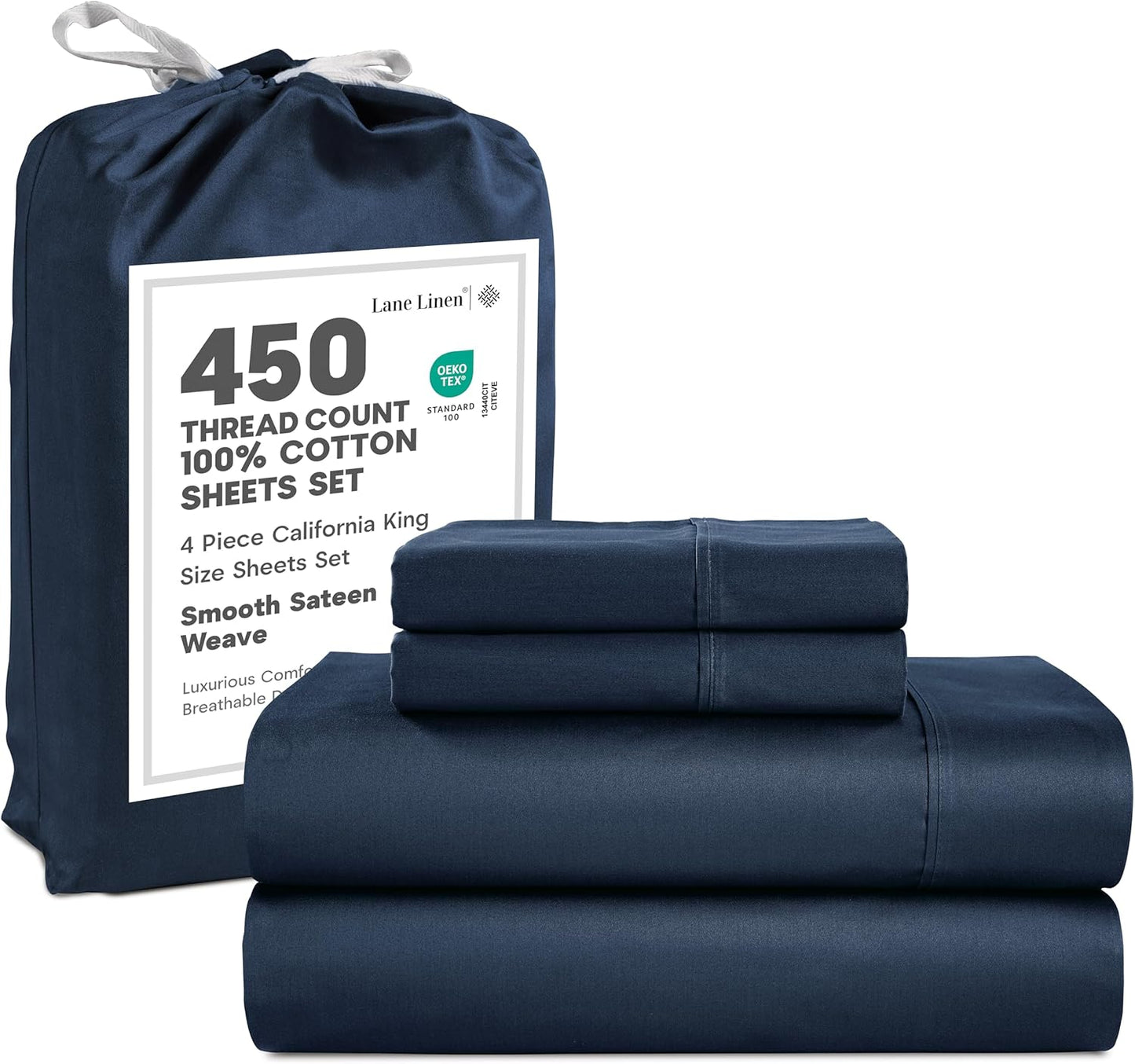 LANE LINEN 100% Cotton Sheets – 450 Thread Count Naturally Cooling Twin Sheets Set, Soft & Comfy Sateen Weave, Deep Pocket Fits 15” Mattress, Fade-Resistant Hotel Bedding, White