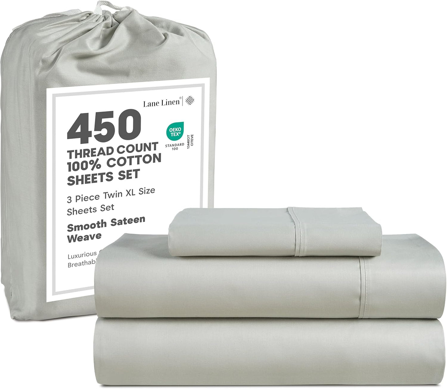 LANE LINEN 100% Cotton Sheets – 450 Thread Count Naturally Cooling Twin Sheets Set, Soft & Comfy Sateen Weave, Deep Pocket Fits 15” Mattress, Fade-Resistant Hotel Bedding, White