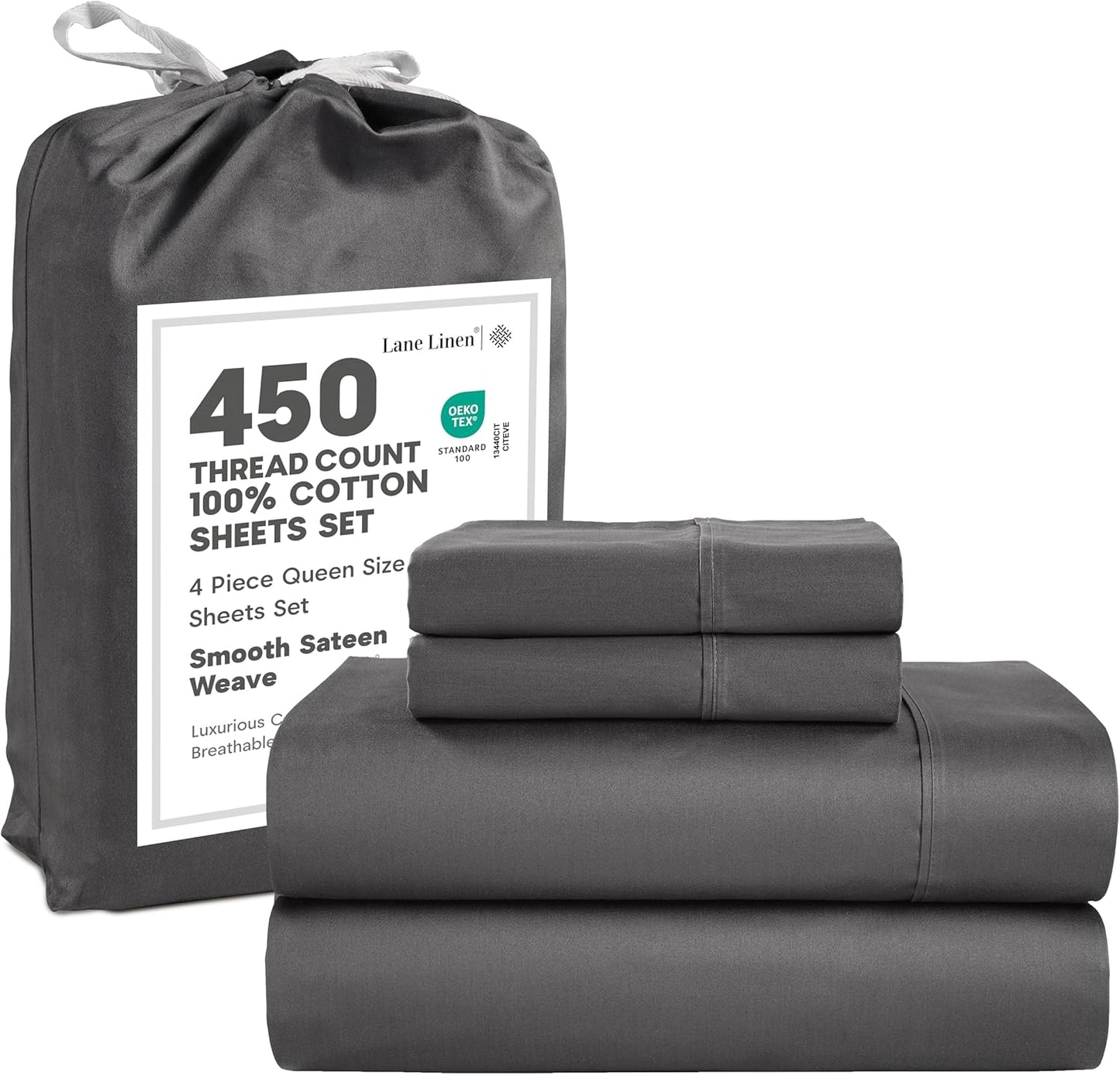 LANE LINEN 100% Cotton Sheets – 450 Thread Count Naturally Cooling Twin Sheets Set, Soft & Comfy Sateen Weave, Deep Pocket Fits 15” Mattress, Fade-Resistant Hotel Bedding, White