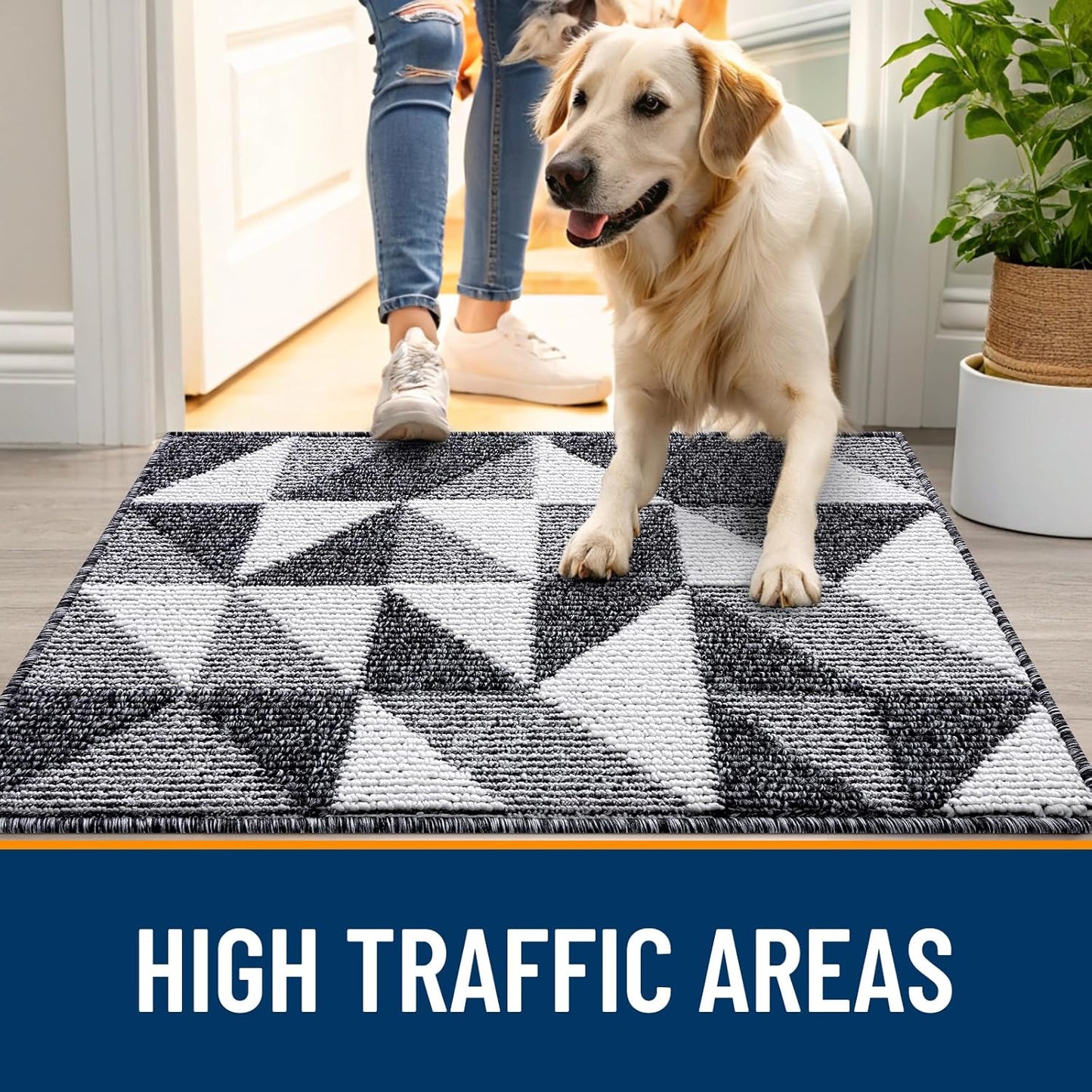 OLANLY Door Mat Indoor Entrance Washable 32x20, Odor-Free Low-Profile Front Back Geometric Doormat, Absorbent Resist Dirt Entry Carpet, Easy to Clean Sturdy Inside Floor Mats for Entryway, Black