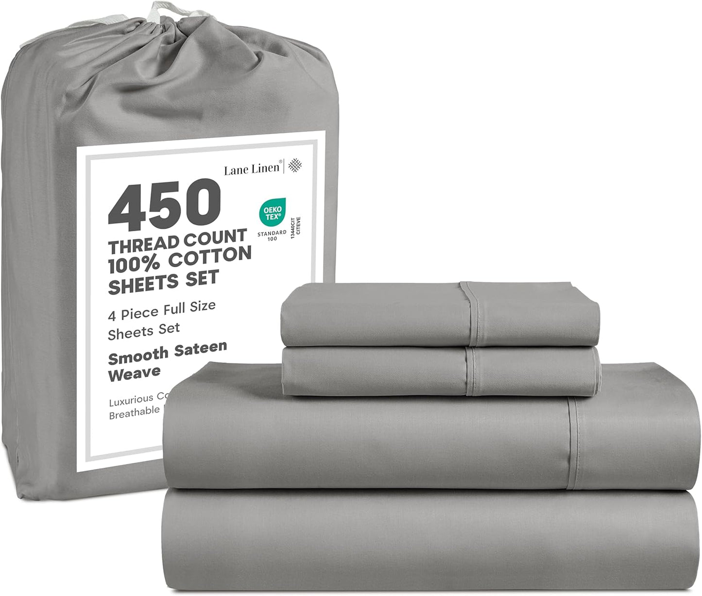 LANE LINEN 100% Cotton Sheets – 450 Thread Count Naturally Cooling Twin Sheets Set, Soft & Comfy Sateen Weave, Deep Pocket Fits 15” Mattress, Fade-Resistant Hotel Bedding, White