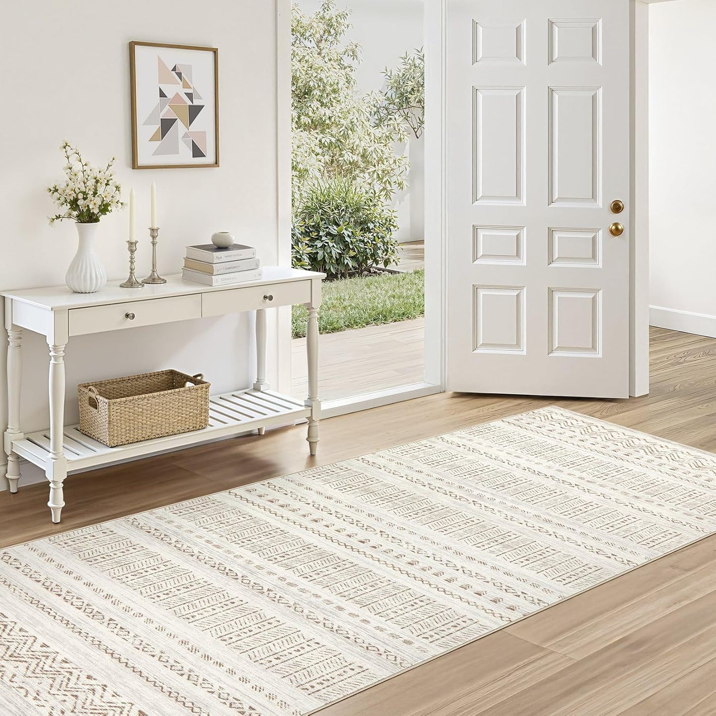 Large Living Room Area Rug 5x7: Soft Machine Washable Boho Moroccan Farmhouse Rugs for Bedroom Under Dining Table - Non-Slip Neutral Morden Indoor Floor Carpet for Home Office - Brown/Cream