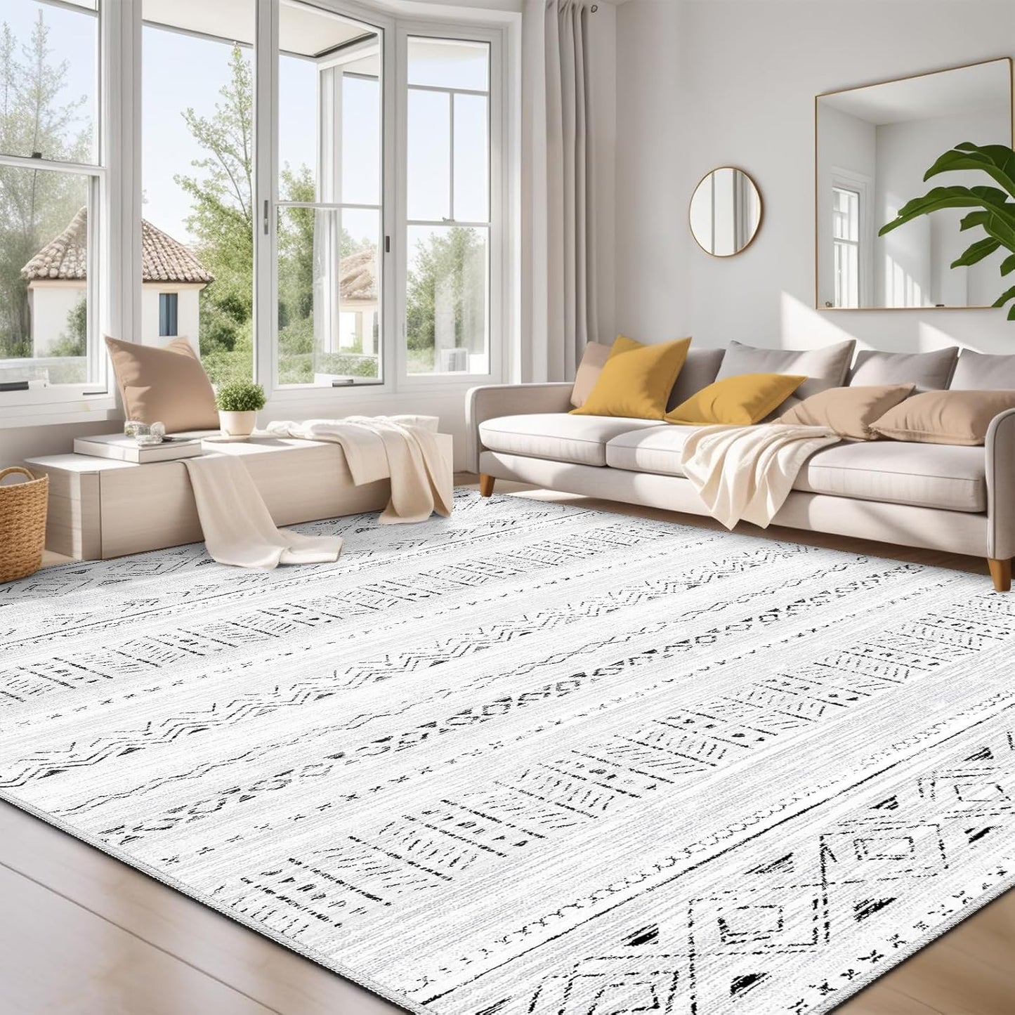 Large Living Room Area Rug 5x7: Soft Machine Washable Boho Moroccan Farmhouse Rugs for Bedroom Under Dining Table - Non-Slip Neutral Morden Indoor Floor Carpet for Home Office - Brown/Cream