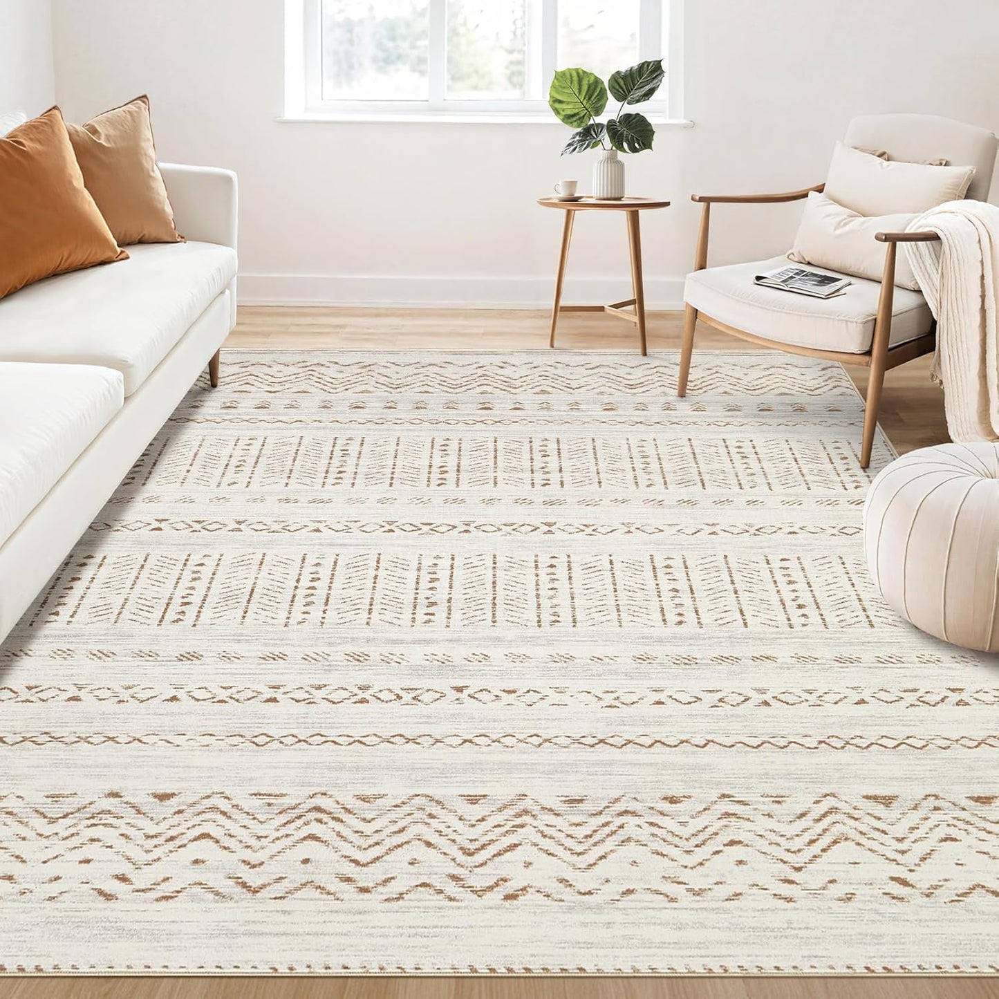 Large Living Room Area Rug 5x7: Soft Machine Washable Boho Moroccan Farmhouse Rugs for Bedroom Under Dining Table - Non-Slip Neutral Morden Indoor Floor Carpet for Home Office - Brown/Cream