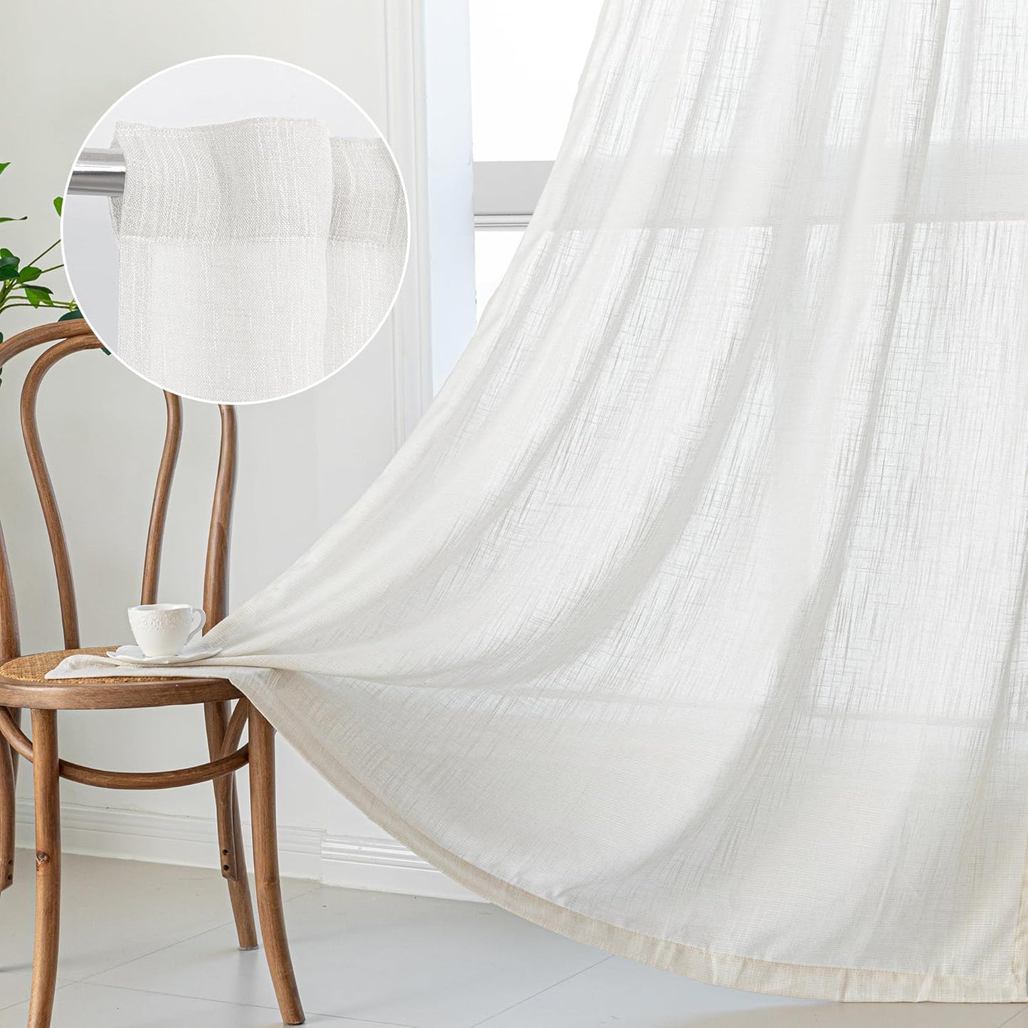 MYSKY HOME Linen Curtains for Living Room, Natural Semi Sheer Curtains & Drapes 84 inches Length 2 Panels Set Farmhouse Country Boho Style Back Tab Draperies for Sliding Glass Door, 50" Wide, Linen