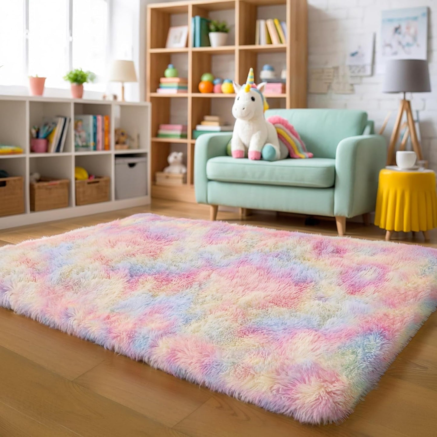4x6 Light Grey Fluffy Shag Area Rug for Bedroom, Ultra Soft Fuzzy Plush Washable Carpet for Living Room, Modern Cozy Non Skid Furry Shaggy Rug for Kids Baby Boys Nursery Dorm,Tie-Dye Gray