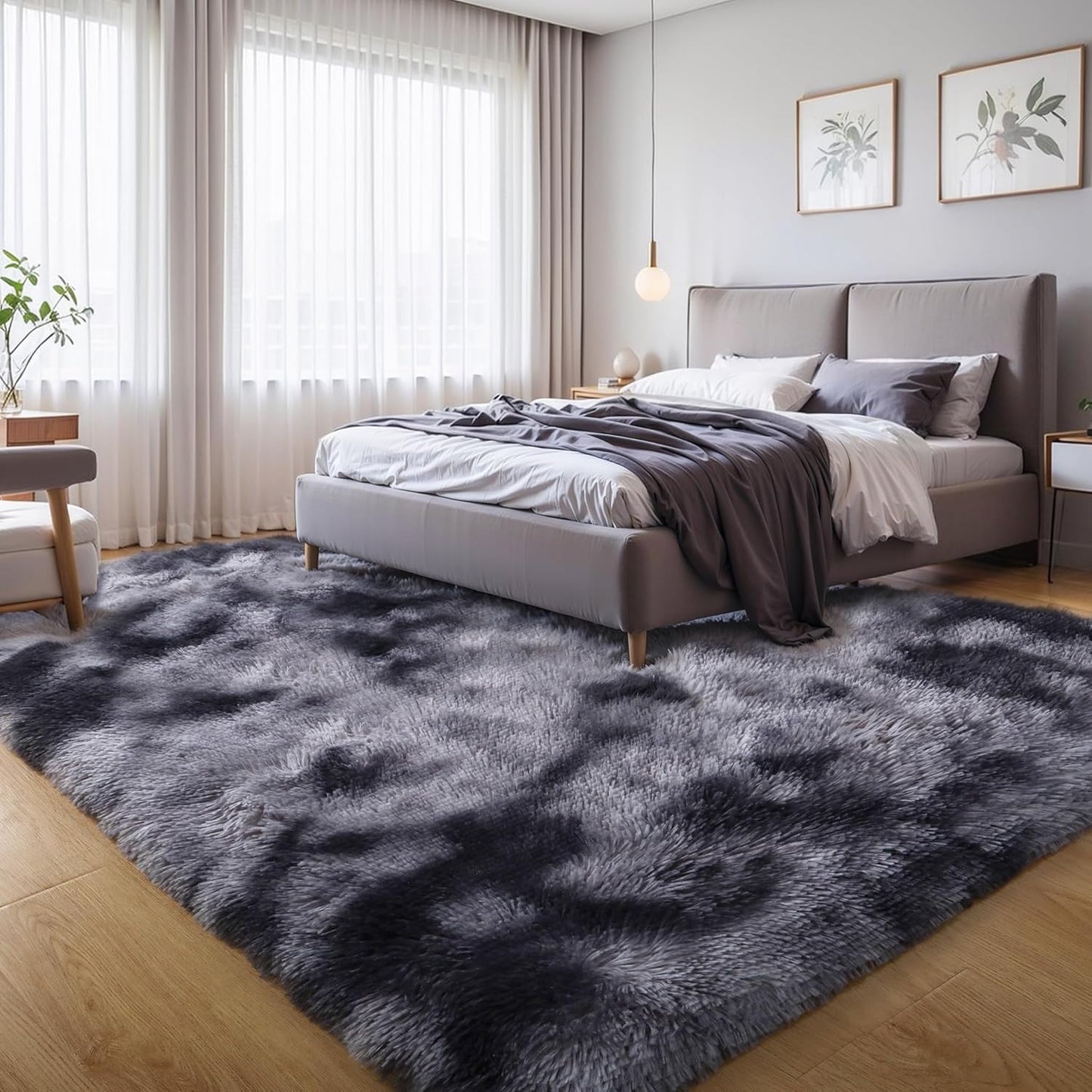 4x6 Light Grey Fluffy Shag Area Rug for Bedroom, Ultra Soft Fuzzy Plush Washable Carpet for Living Room, Modern Cozy Non Skid Furry Shaggy Rug for Kids Baby Boys Nursery Dorm,Tie-Dye Gray