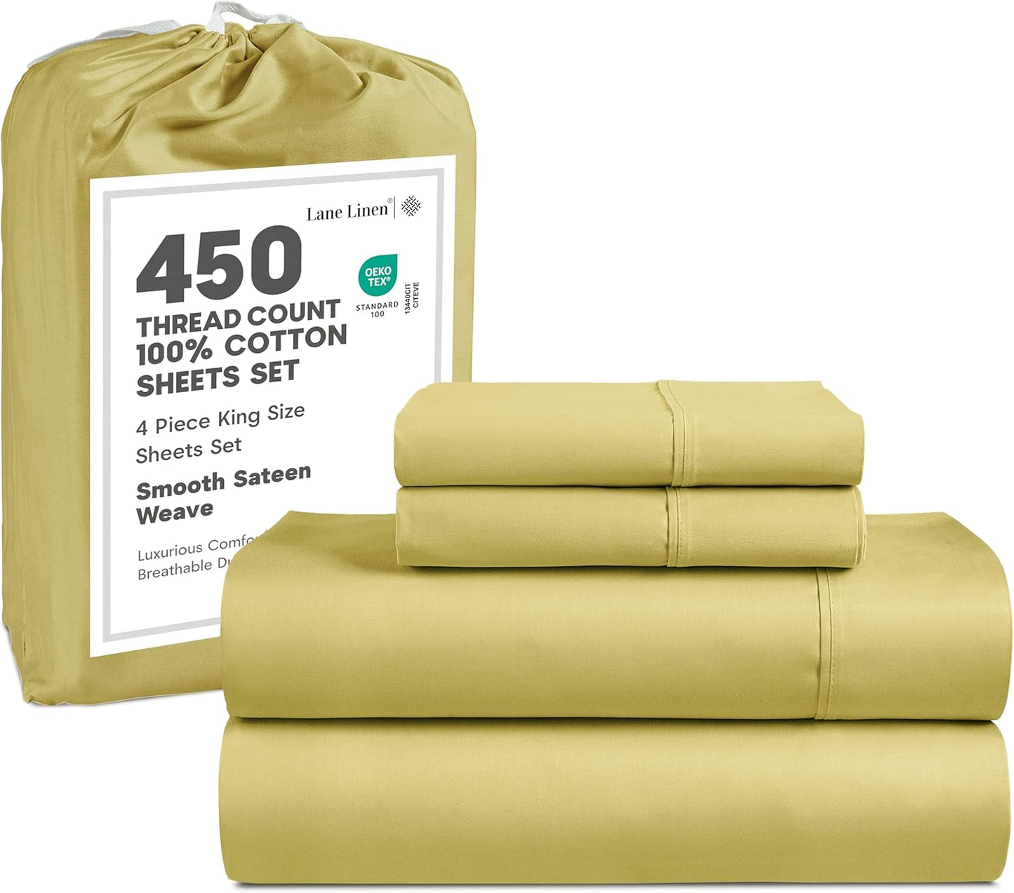 LANE LINEN 100% Cotton Sheets – 450 Thread Count Naturally Cooling Twin Sheets Set, Soft & Comfy Sateen Weave, Deep Pocket Fits 15” Mattress, Fade-Resistant Hotel Bedding, White