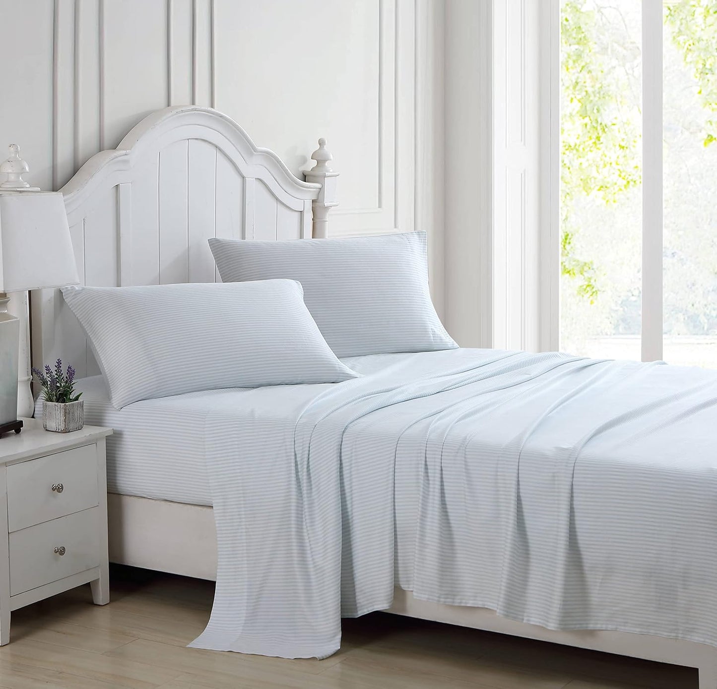 Laura Ashley - Queen Bed Sheets, Smooth & Silky Sateen Cotton Bedding with Matching Pillowcases, Deep Pocket, Oeko-Tex Certified (Ramona Blue)