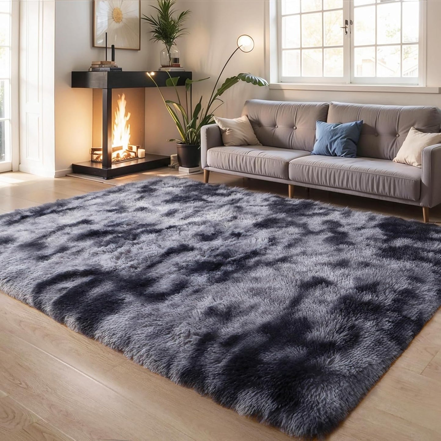 4x6 Light Grey Fluffy Shag Area Rug for Bedroom, Ultra Soft Fuzzy Plush Washable Carpet for Living Room, Modern Cozy Non Skid Furry Shaggy Rug for Kids Baby Boys Nursery Dorm,Tie-Dye Gray