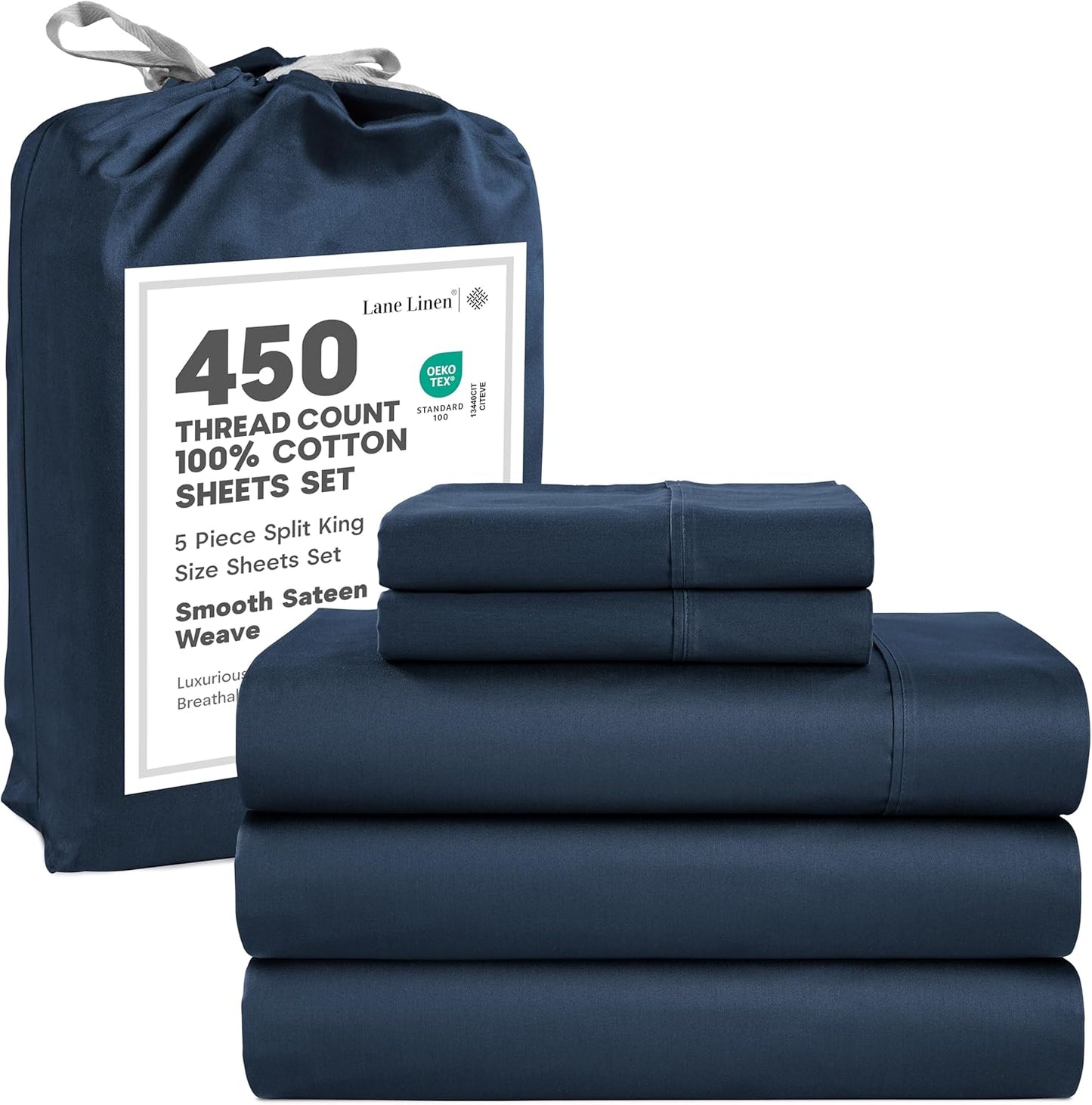 LANE LINEN 100% Cotton Sheets – 450 Thread Count Naturally Cooling Twin Sheets Set, Soft & Comfy Sateen Weave, Deep Pocket Fits 15” Mattress, Fade-Resistant Hotel Bedding, White