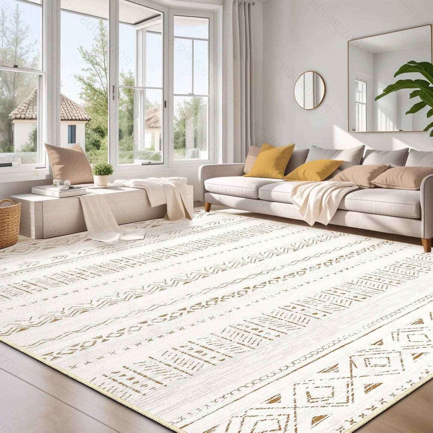 Large Living Room Area Rug 5x7: Soft Machine Washable Boho Moroccan Farmhouse Rugs for Bedroom Under Dining Table - Non-Slip Neutral Morden Indoor Floor Carpet for Home Office - Brown/Cream