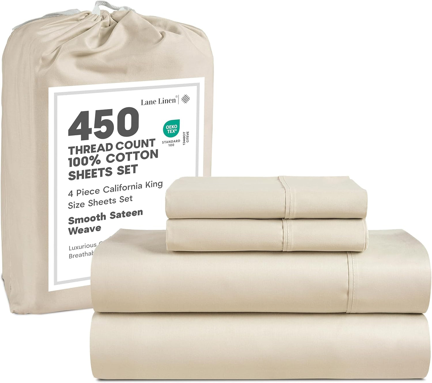 LANE LINEN 100% Cotton Sheets – 450 Thread Count Naturally Cooling Twin Sheets Set, Soft & Comfy Sateen Weave, Deep Pocket Fits 15” Mattress, Fade-Resistant Hotel Bedding, White