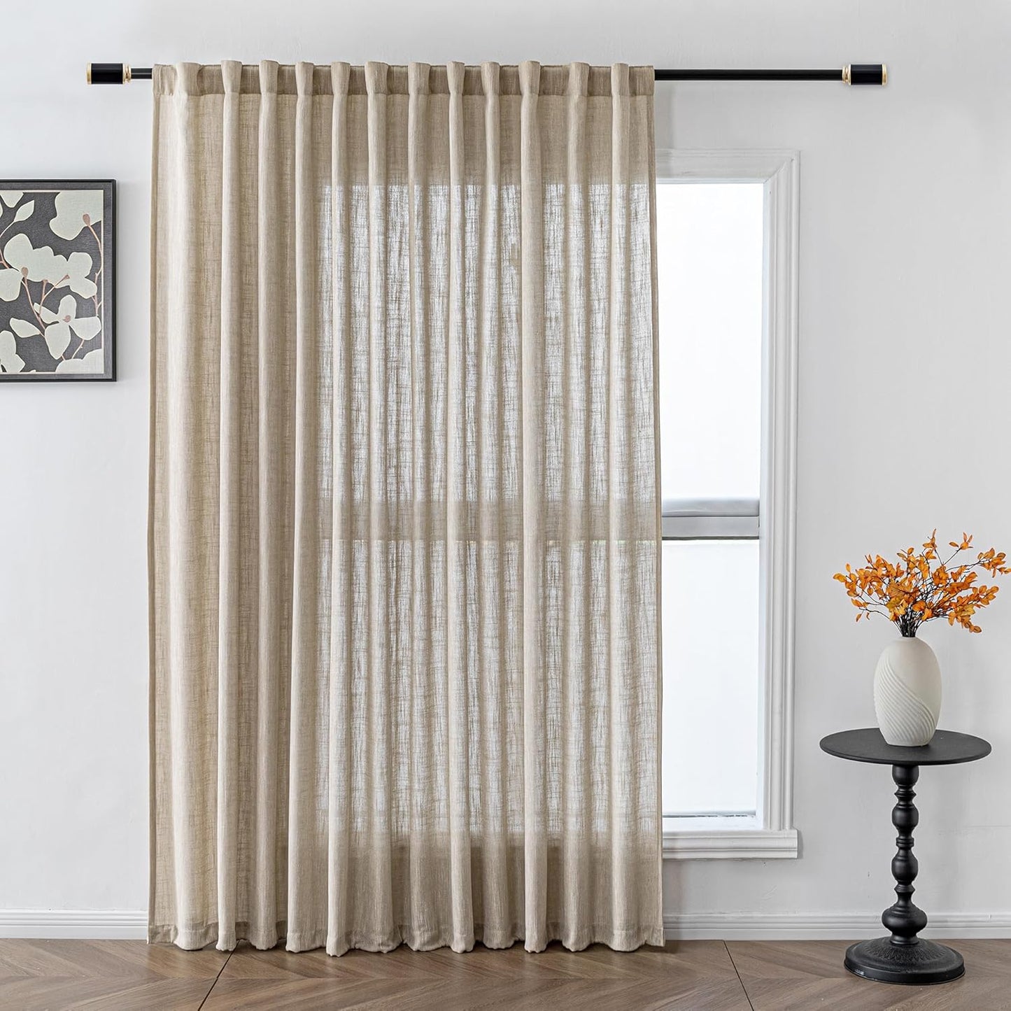 MYSKY HOME Linen Curtains for Living Room, Natural Semi Sheer Curtains & Drapes 84 inches Length 2 Panels Set Farmhouse Country Boho Style Back Tab Draperies for Sliding Glass Door, 50" Wide, Linen