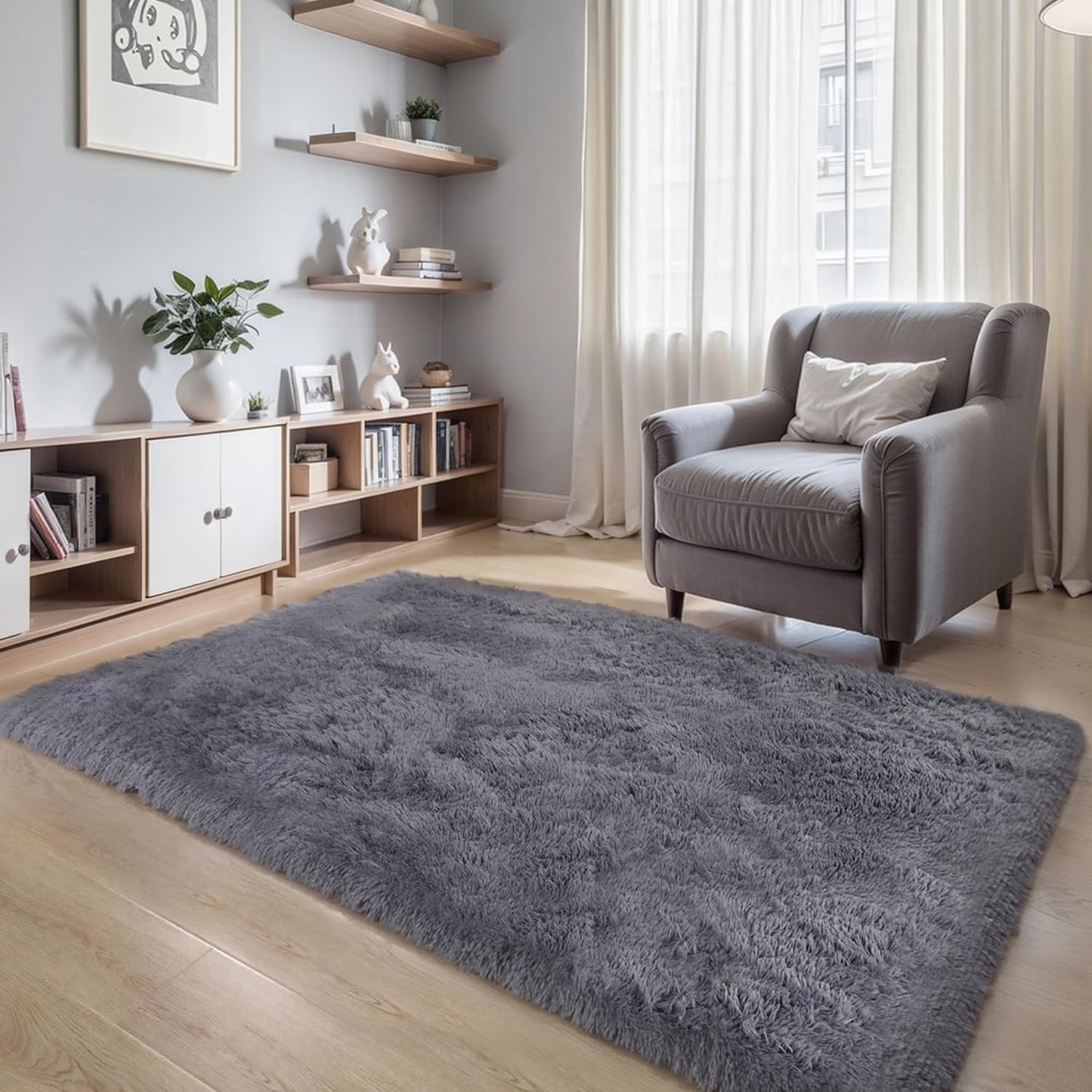 4x6 Light Grey Fluffy Shag Area Rug for Bedroom, Ultra Soft Fuzzy Plush Washable Carpet for Living Room, Modern Cozy Non Skid Furry Shaggy Rug for Kids Baby Boys Nursery Dorm,Tie-Dye Gray