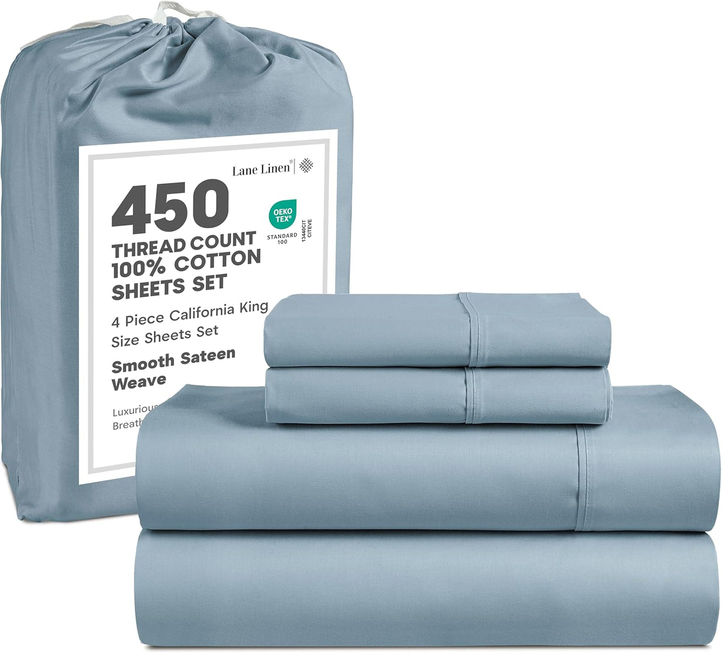 LANE LINEN 100% Cotton Sheets – 450 Thread Count Naturally Cooling Twin Sheets Set, Soft & Comfy Sateen Weave, Deep Pocket Fits 15” Mattress, Fade-Resistant Hotel Bedding, White