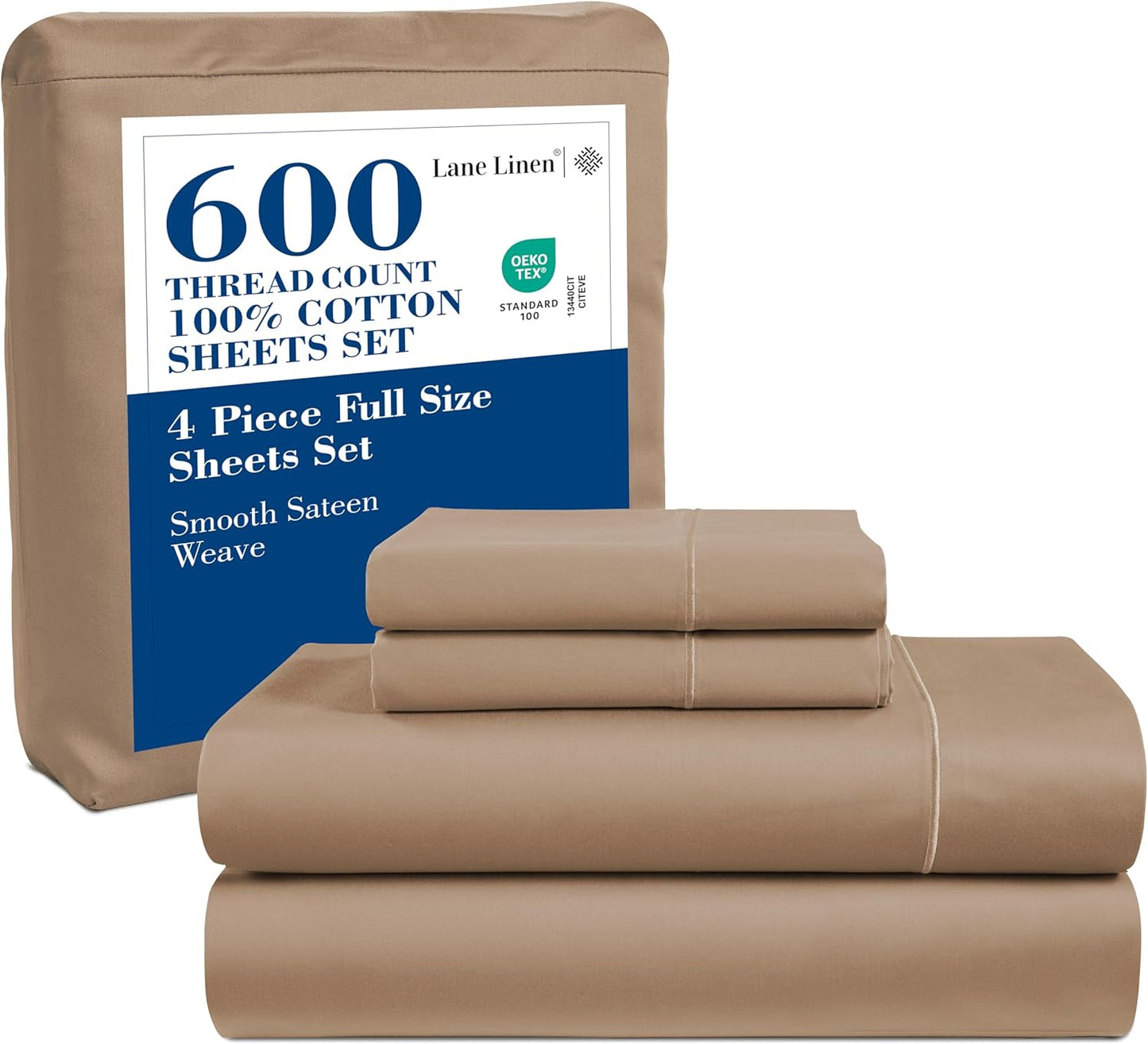 LANE LINEN 100% Cotton White Queen Size Sheet Set – Luxurious Hotel-Quality Sateen Weave, Fully Elasticized Mercerized Cotton, Deep Pocket 4-Piece Set, Naturally Cooling & Comfortable