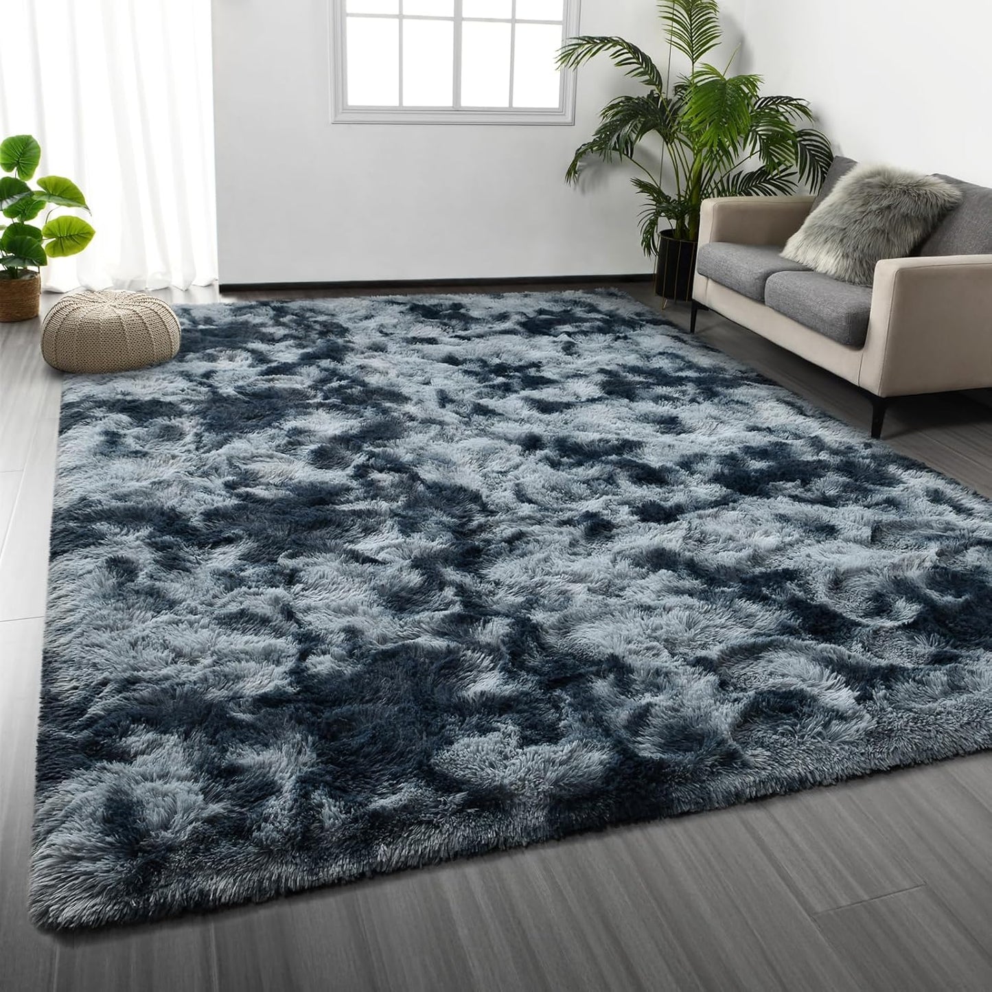 Large Shag Area Rugs 6 x 9, Tie-Dyed Plush Fuzzy Rug for Living Room, Ultra Soft Fluffy Furry Rugs for Bedroom, Indoor Carpet Nursery Rugs for Kids Room Home Decor, Light Grey