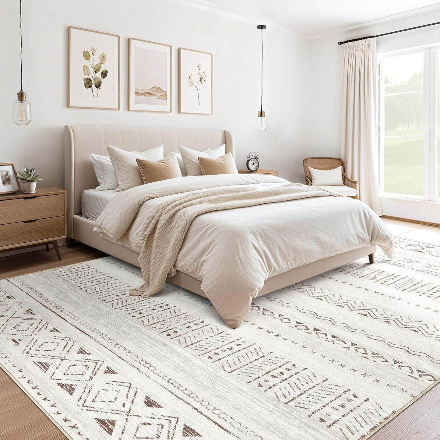 Large Living Room Area Rug 5x7: Soft Machine Washable Boho Moroccan Farmhouse Rugs for Bedroom Under Dining Table - Non-Slip Neutral Morden Indoor Floor Carpet for Home Office - Brown/Cream
