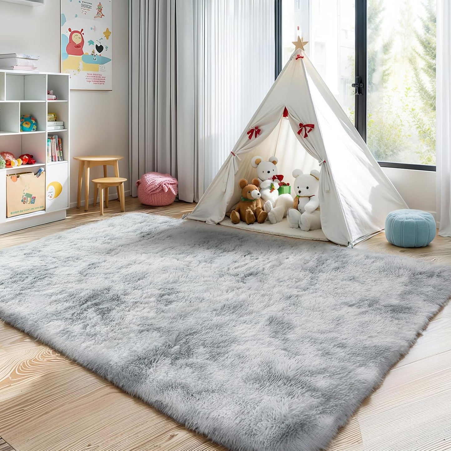 4x6 Light Grey Fluffy Shag Area Rug for Bedroom, Ultra Soft Fuzzy Plush Washable Carpet for Living Room, Modern Cozy Non Skid Furry Shaggy Rug for Kids Baby Boys Nursery Dorm,Tie-Dye Gray