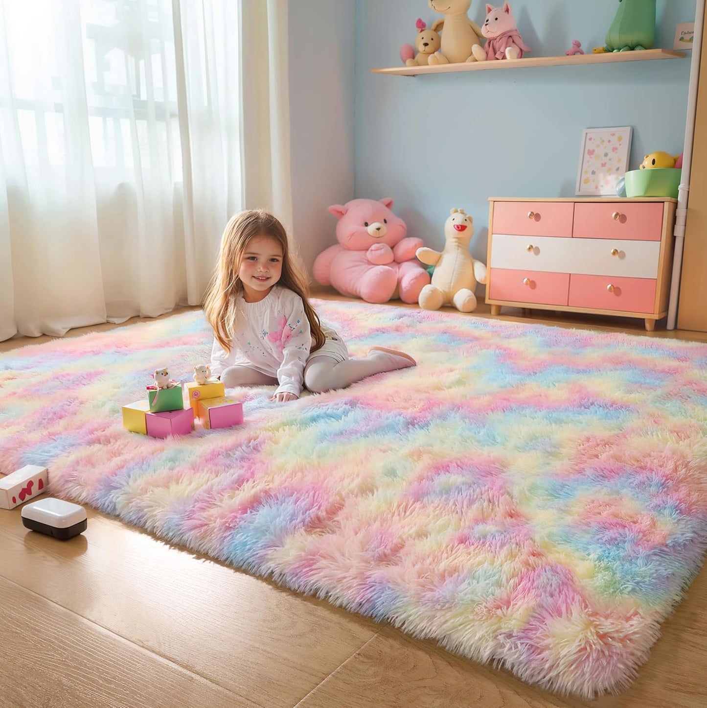 4x6 Light Grey Fluffy Shag Area Rug for Bedroom, Ultra Soft Fuzzy Plush Washable Carpet for Living Room, Modern Cozy Non Skid Furry Shaggy Rug for Kids Baby Boys Nursery Dorm,Tie-Dye Gray