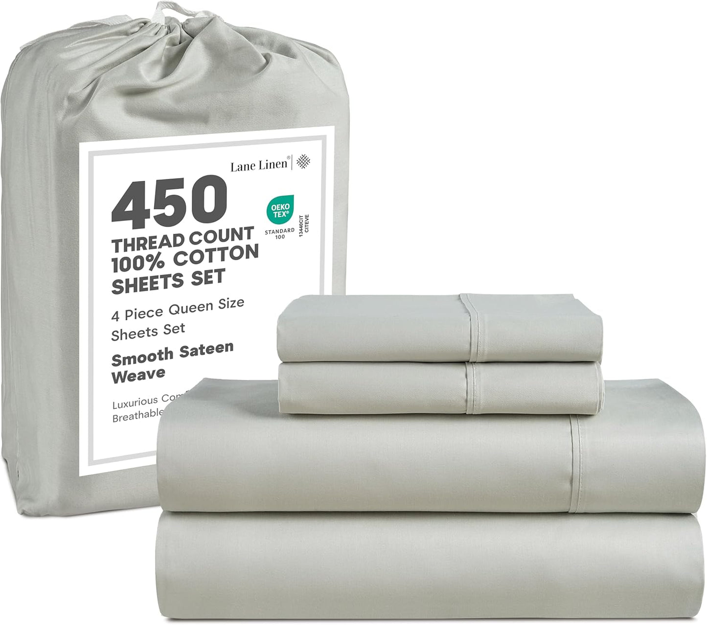 LANE LINEN 100% Cotton Sheets – 450 Thread Count Naturally Cooling Twin Sheets Set, Soft & Comfy Sateen Weave, Deep Pocket Fits 15” Mattress, Fade-Resistant Hotel Bedding, White