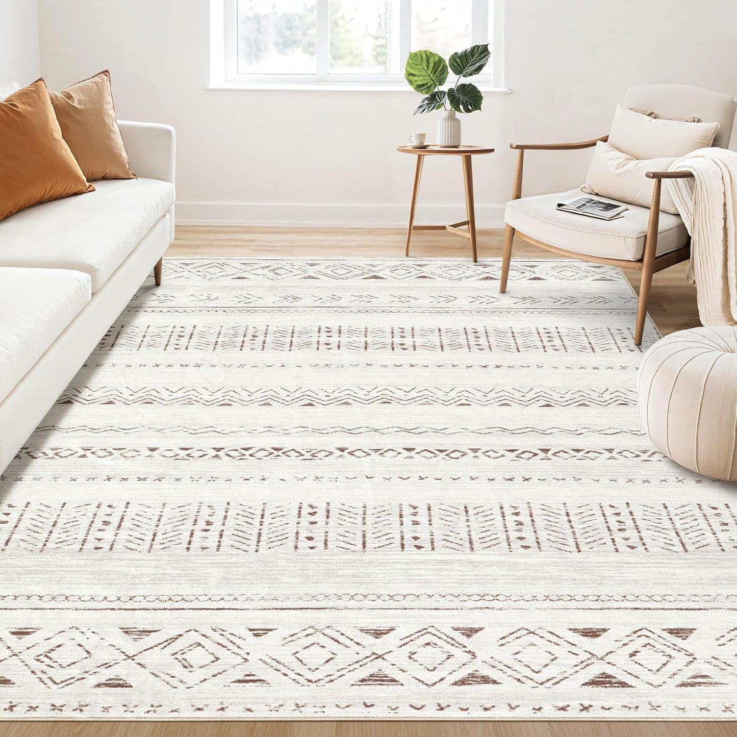 Large Living Room Area Rug 5x7: Soft Machine Washable Boho Moroccan Farmhouse Rugs for Bedroom Under Dining Table - Non-Slip Neutral Morden Indoor Floor Carpet for Home Office - Brown/Cream