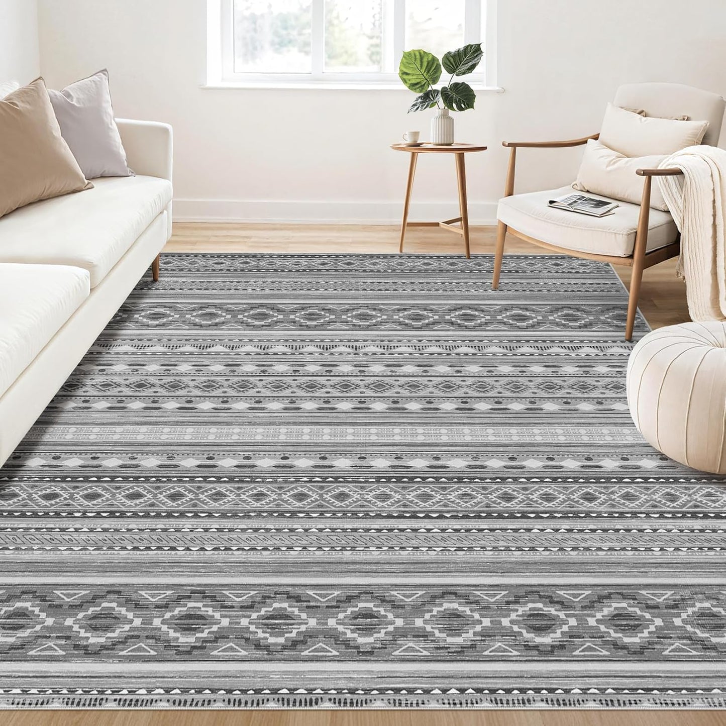 Large Living Room Area Rug 5x7: Soft Machine Washable Boho Moroccan Farmhouse Rugs for Bedroom Under Dining Table - Non-Slip Neutral Morden Indoor Floor Carpet for Home Office - Brown/Cream