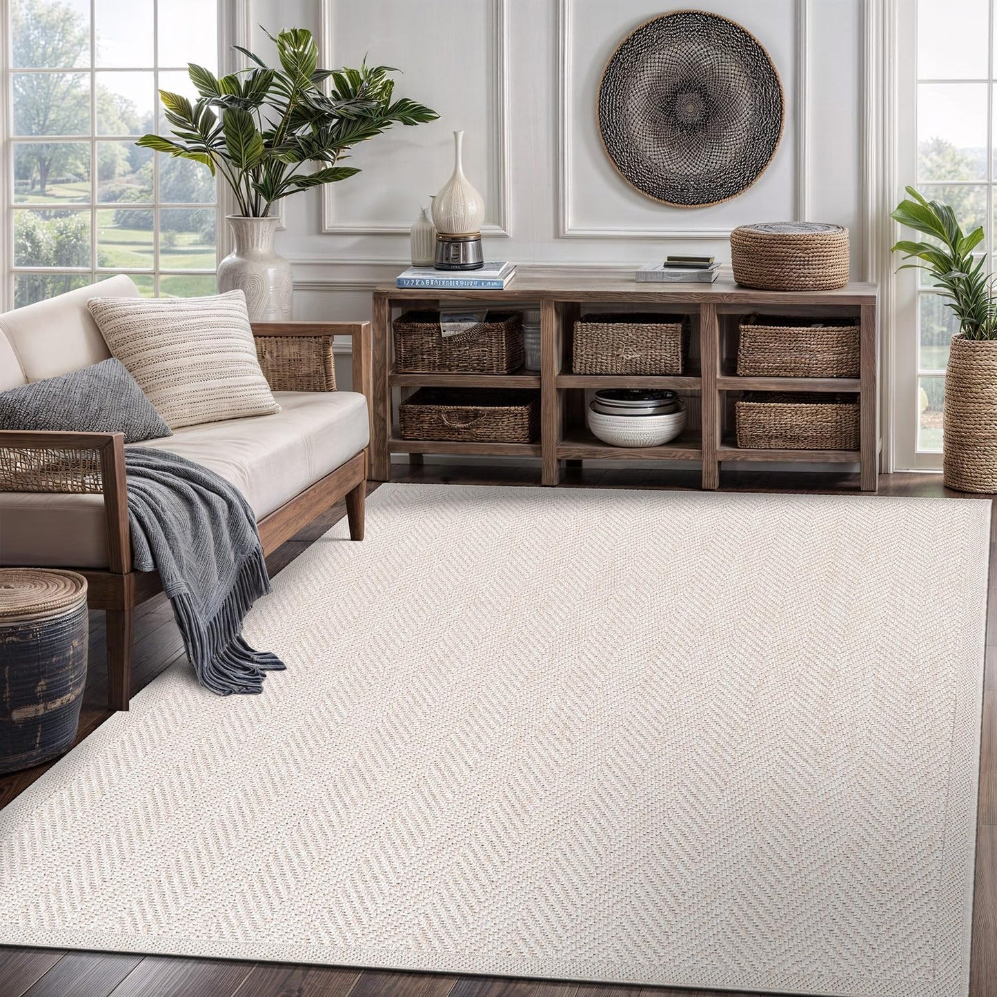 CAMILSON Easy Jute Rug 8x10, Indoor Outdoor Natural Color Fiber Area Rugs for Living Room and Patio Rug Herringbone Seagrass Boho Woven Design Easy-Cleaning Washable Outside Carpet Alfombras 8 x 10