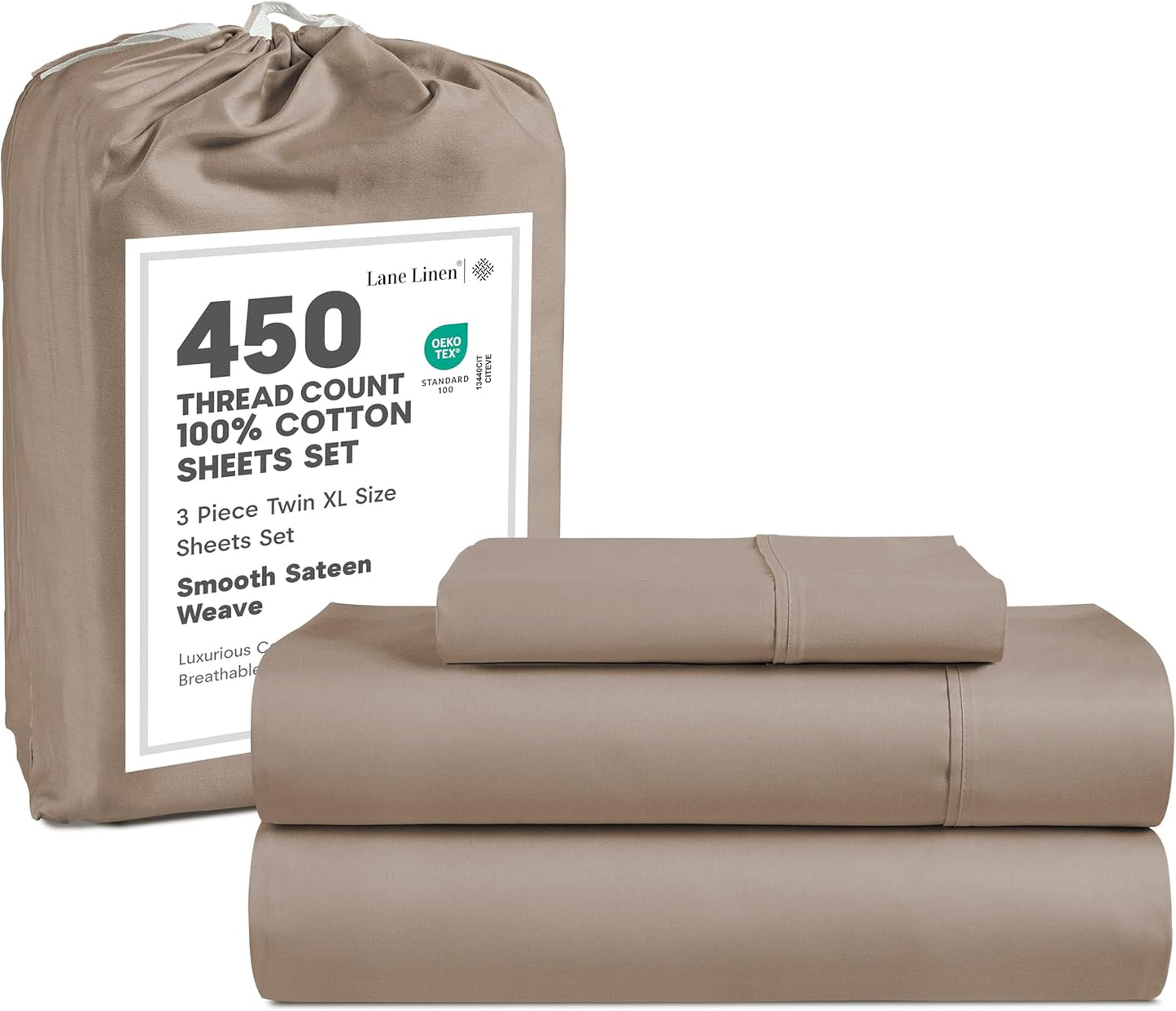 LANE LINEN 100% Cotton Sheets – 450 Thread Count Naturally Cooling Twin Sheets Set, Soft & Comfy Sateen Weave, Deep Pocket Fits 15” Mattress, Fade-Resistant Hotel Bedding, White