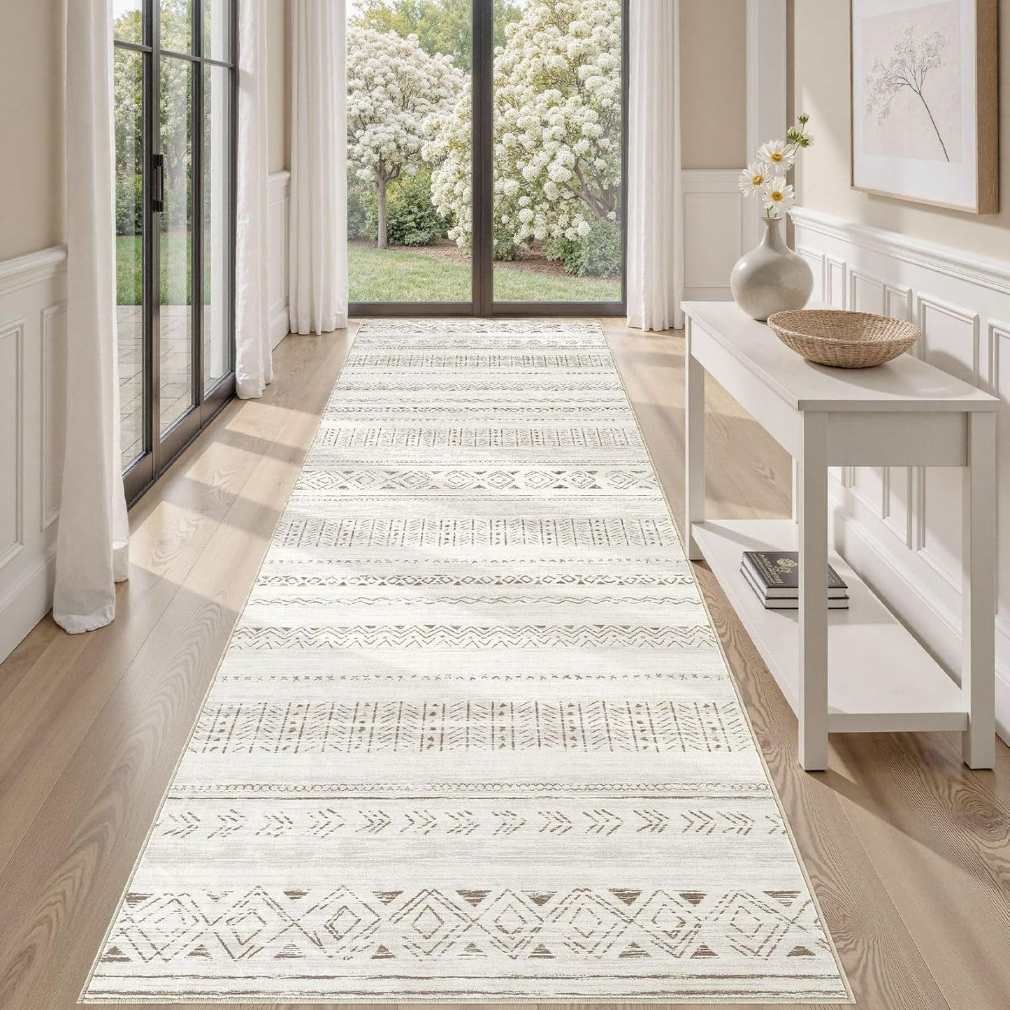 Large Living Room Area Rug 5x7: Soft Machine Washable Boho Moroccan Farmhouse Rugs for Bedroom Under Dining Table - Non-Slip Neutral Morden Indoor Floor Carpet for Home Office - Brown/Cream