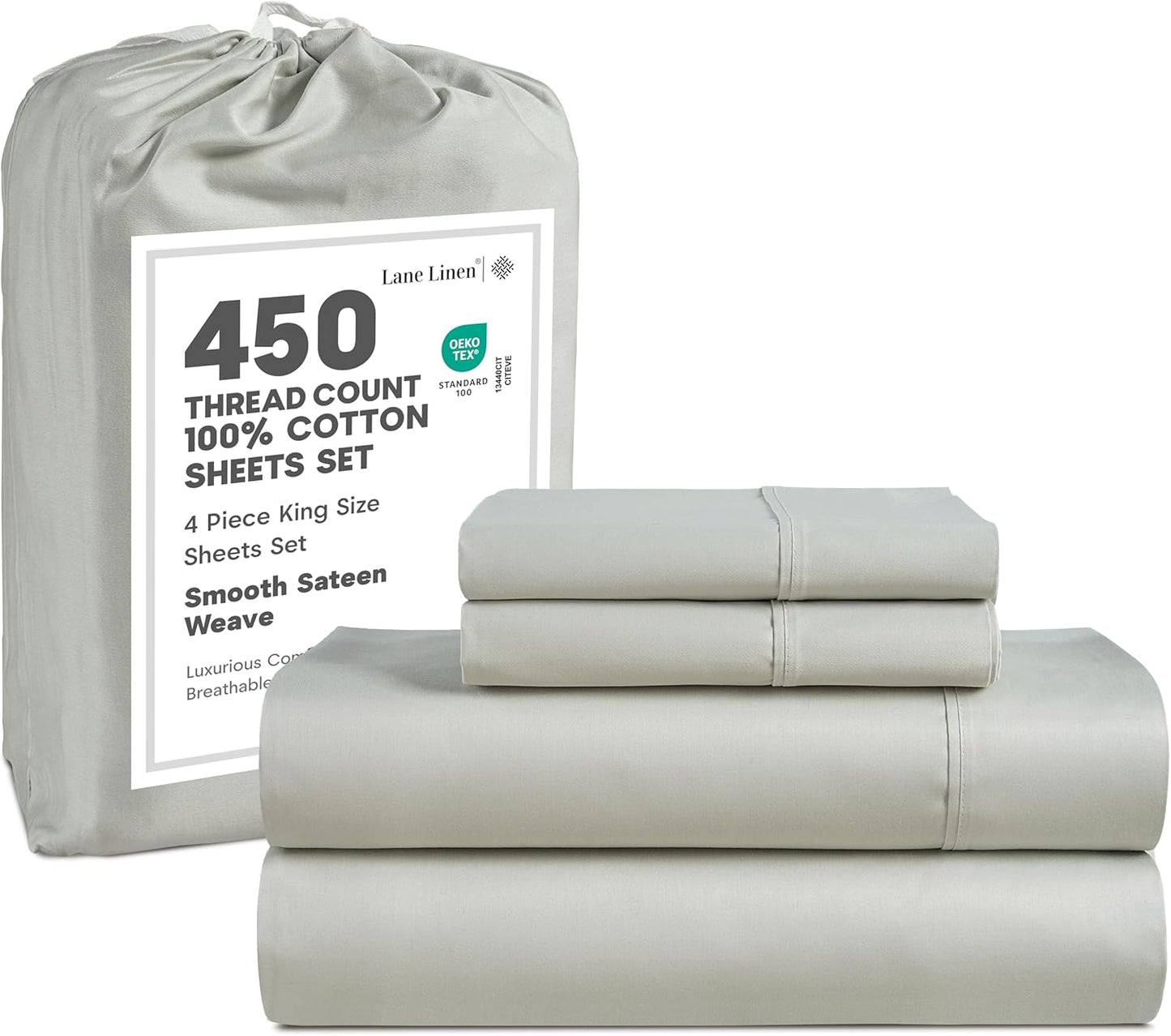 LANE LINEN 100% Cotton Sheets – 450 Thread Count Naturally Cooling Twin Sheets Set, Soft & Comfy Sateen Weave, Deep Pocket Fits 15” Mattress, Fade-Resistant Hotel Bedding, White
