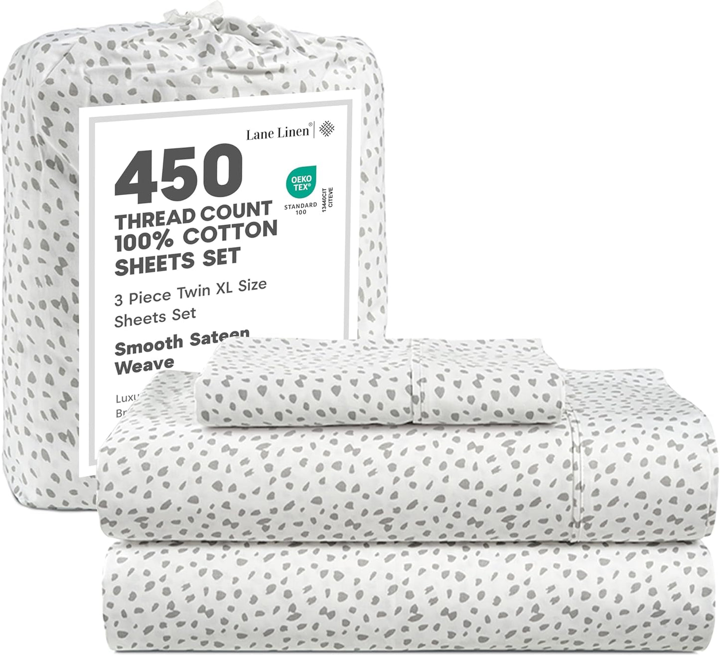 LANE LINEN 100% Cotton Sheets – 450 Thread Count Naturally Cooling Twin Sheets Set, Soft & Comfy Sateen Weave, Deep Pocket Fits 15” Mattress, Fade-Resistant Hotel Bedding, White