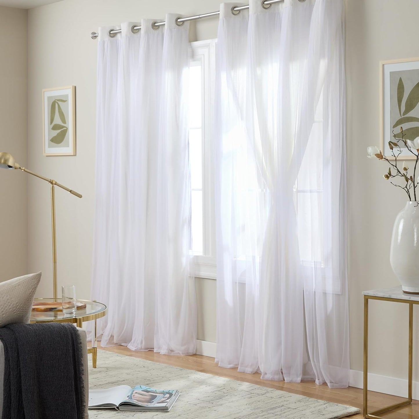 TOWN & COUNTRY LUXE Talia Double Layer Indoor Curtains, Sheer and Room Darkening Blackout, Grommet Top, Energy Efficient, 2-Pack Set, 52"x96", Winter White