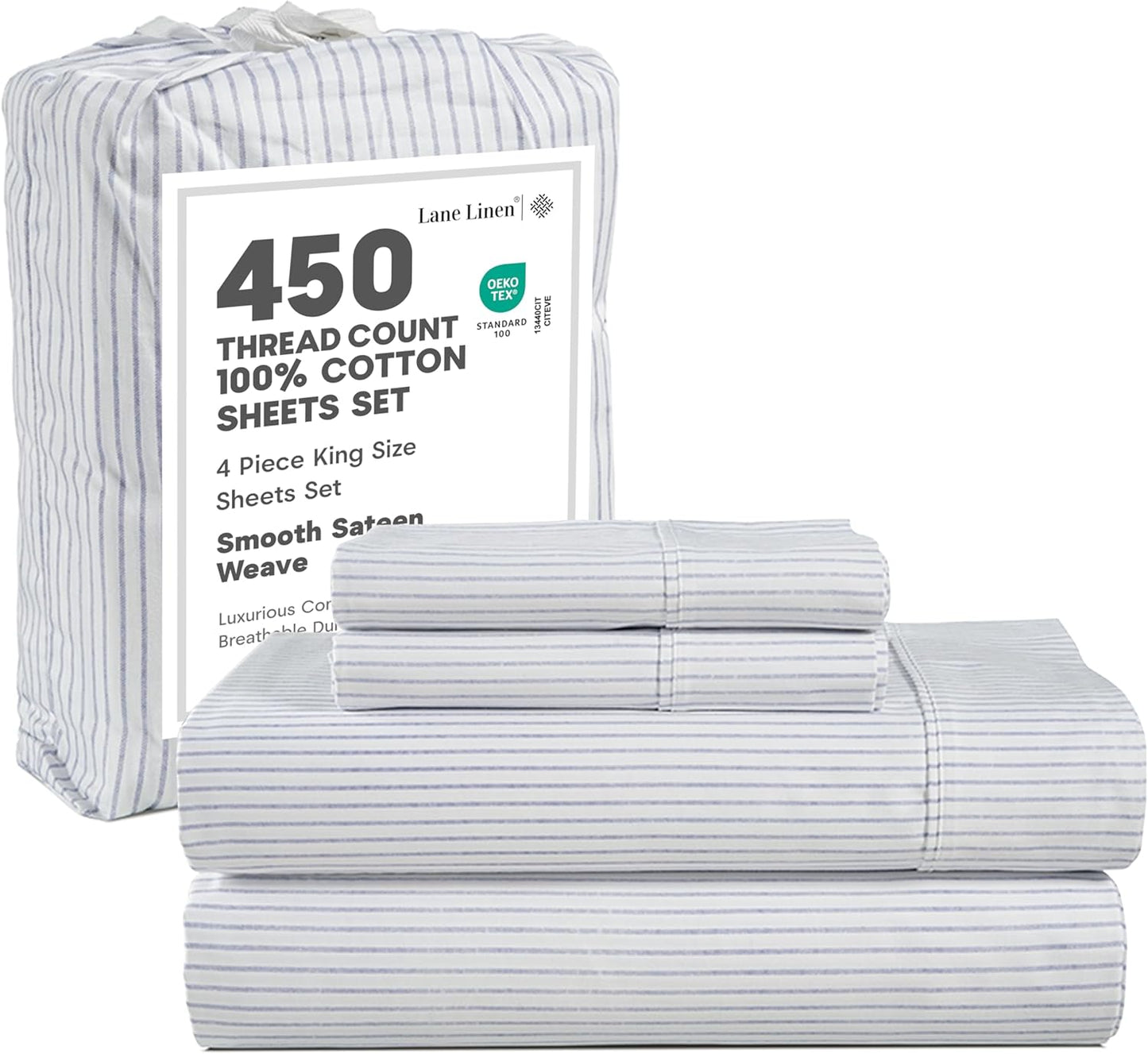 LANE LINEN 100% Cotton Sheets – 450 Thread Count Naturally Cooling Twin Sheets Set, Soft & Comfy Sateen Weave, Deep Pocket Fits 15” Mattress, Fade-Resistant Hotel Bedding, White