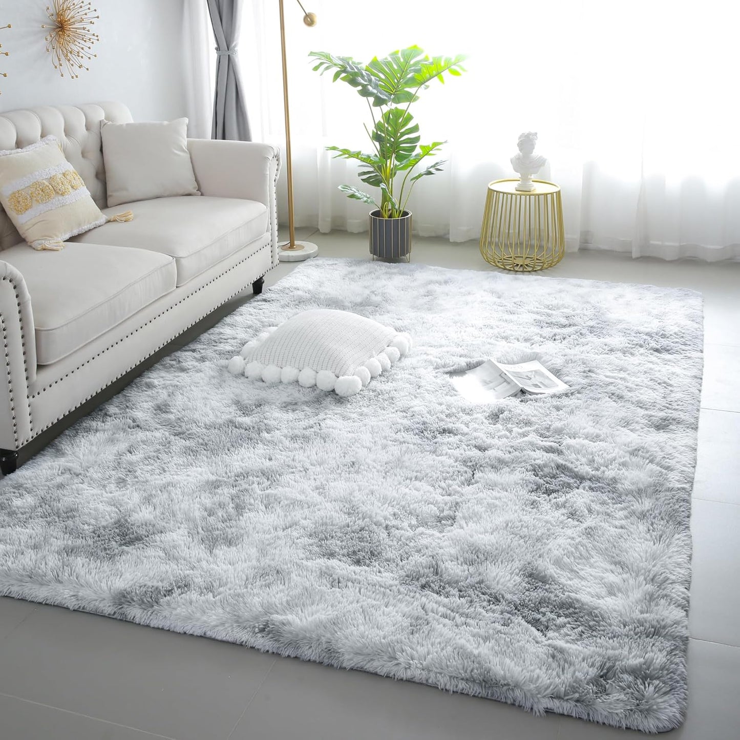 4x6 Light Grey Fluffy Shag Area Rug for Bedroom, Ultra Soft Fuzzy Plush Washable Carpet for Living Room, Modern Cozy Non Skid Furry Shaggy Rug for Kids Baby Boys Nursery Dorm,Tie-Dye Gray