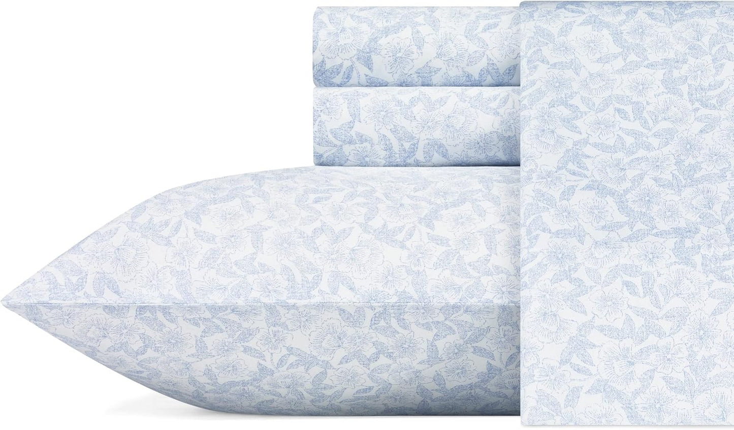 Laura Ashley - Queen Bed Sheets, Smooth & Silky Sateen Cotton Bedding with Matching Pillowcases, Deep Pocket, Oeko-Tex Certified (Ramona Blue)