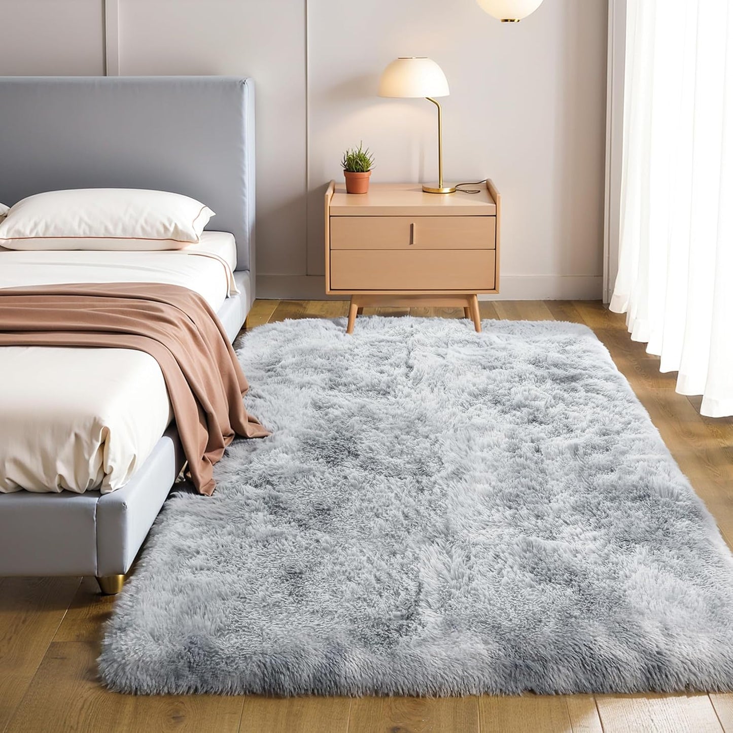 4x6 Light Grey Fluffy Shag Area Rug for Bedroom, Ultra Soft Fuzzy Plush Washable Carpet for Living Room, Modern Cozy Non Skid Furry Shaggy Rug for Kids Baby Boys Nursery Dorm,Tie-Dye Gray