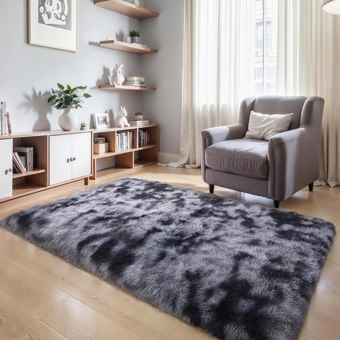 4x6 Light Grey Fluffy Shag Area Rug for Bedroom, Ultra Soft Fuzzy Plush Washable Carpet for Living Room, Modern Cozy Non Skid Furry Shaggy Rug for Kids Baby Boys Nursery Dorm,Tie-Dye Gray