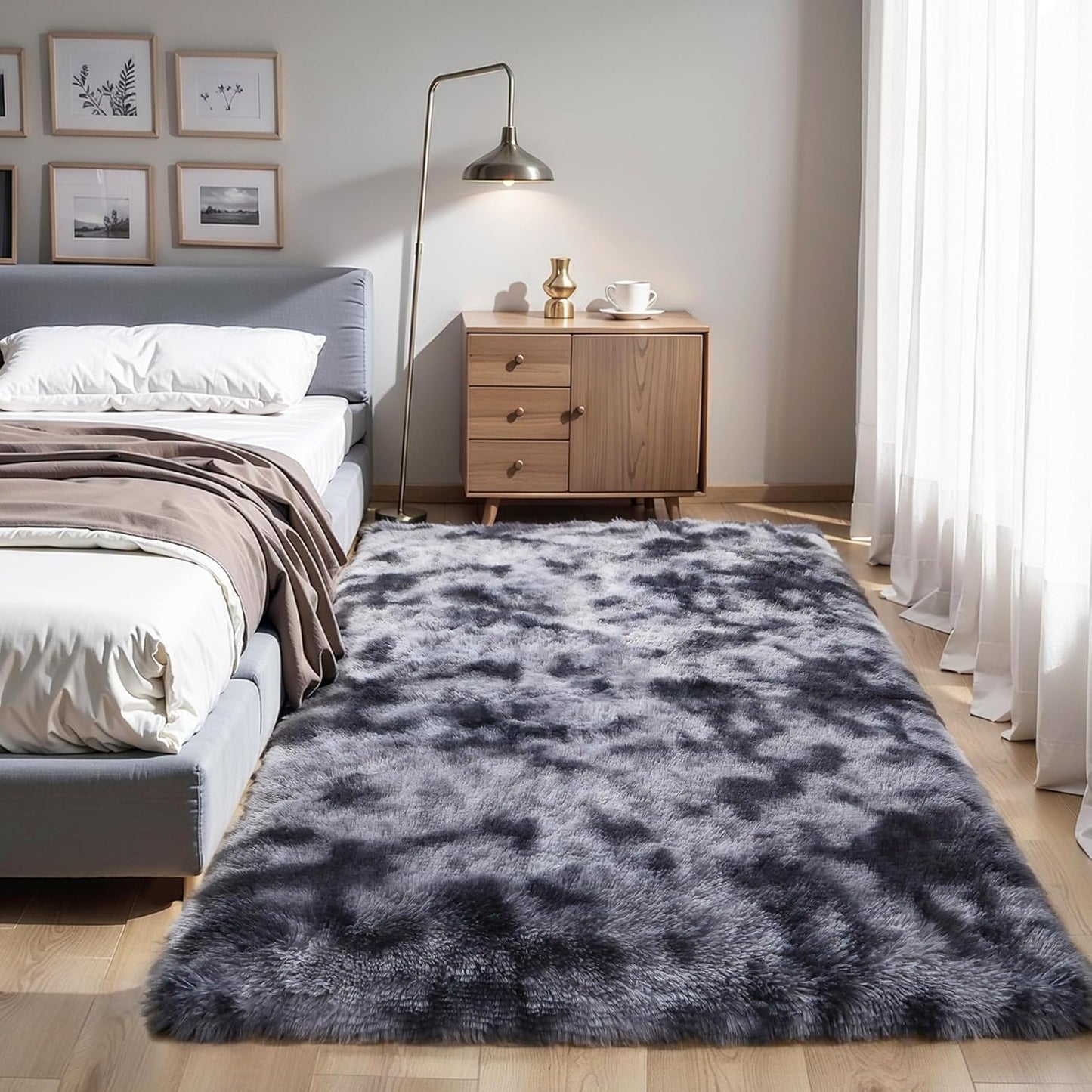 4x6 Light Grey Fluffy Shag Area Rug for Bedroom, Ultra Soft Fuzzy Plush Washable Carpet for Living Room, Modern Cozy Non Skid Furry Shaggy Rug for Kids Baby Boys Nursery Dorm,Tie-Dye Gray